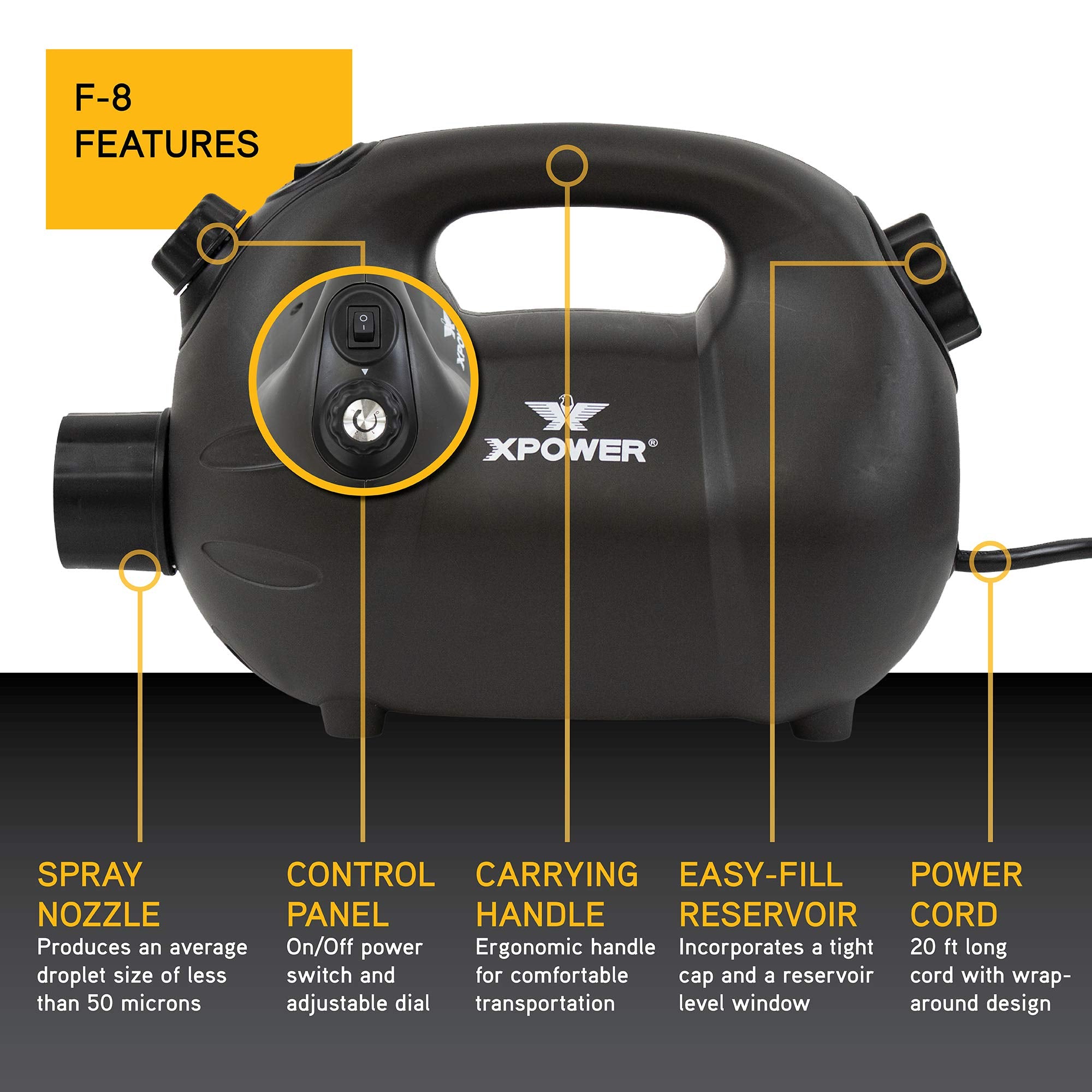 XPOWER F-8 ULV Fogger, Cold Mist Blower, and Sprayer for Cleaning, Disinfecting, Pest Control and Odor Elimination, 20+ Ft. Spray Distance, 0.8 L Tank Capacity