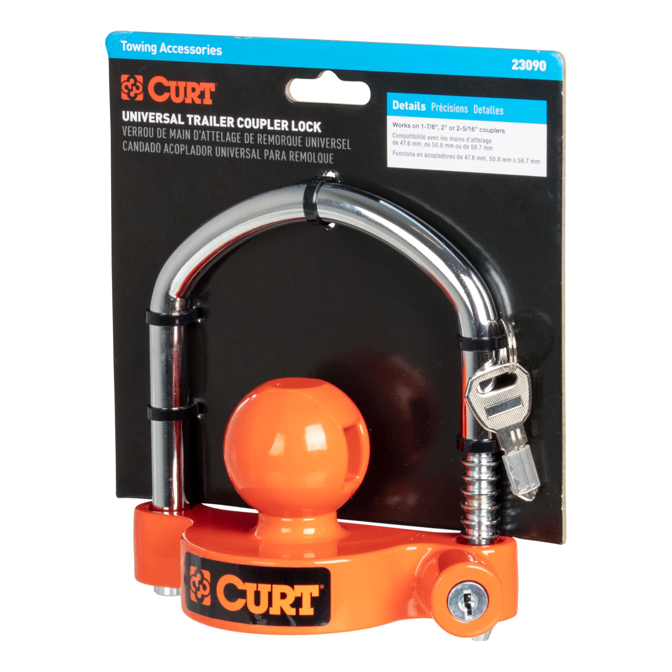 CURT 23090 Trailer Coupler Lock Universal, Bright Orange, Fits Couplers with 1-7/8", 2" or 2-5/16" Ball Diameter