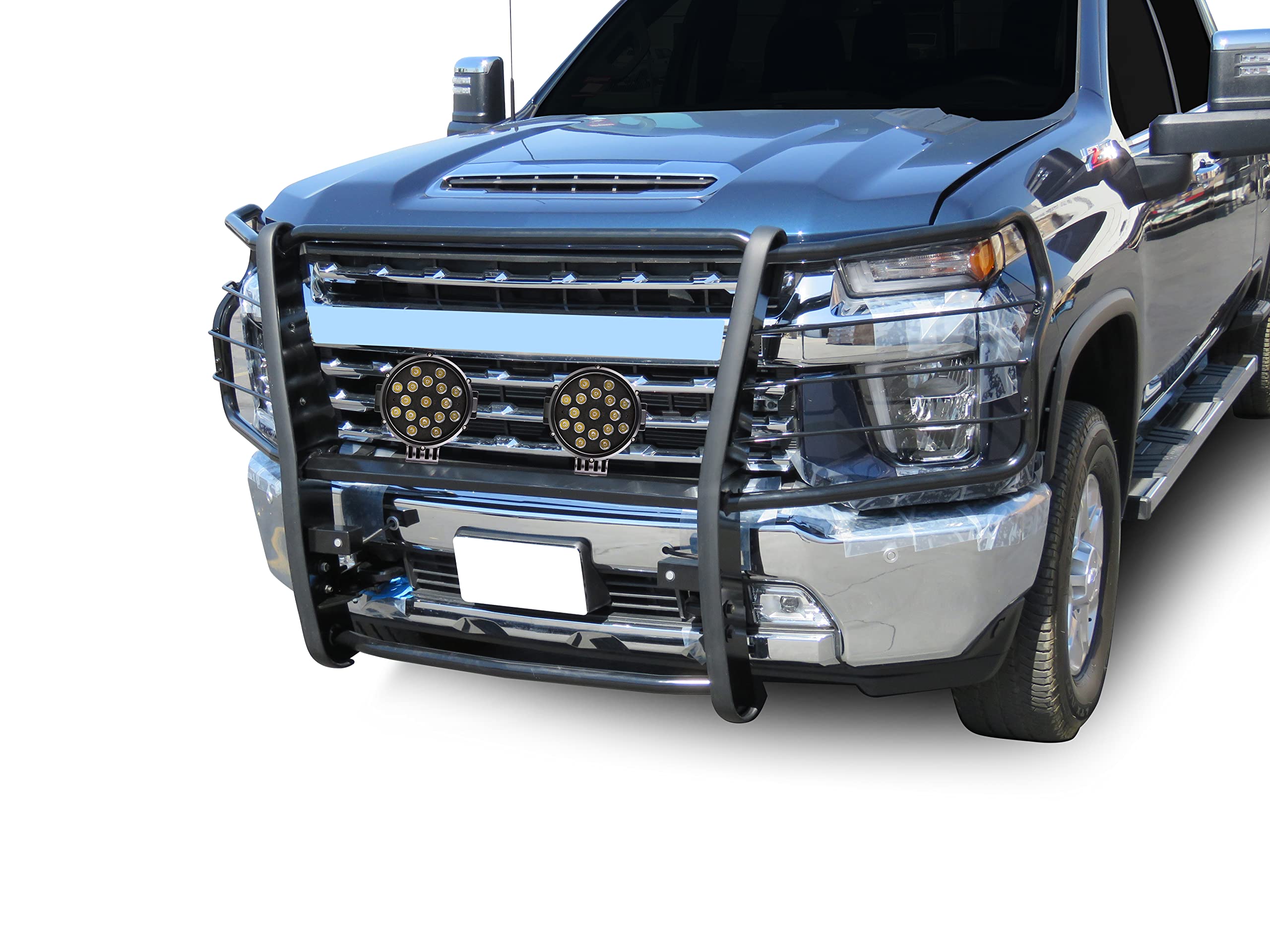 Grille Brush Black Horse Bumper Guard Modular Black Come with Pair of 7.0" Dia.LED Lights with Black Trim Rings Compatible with 2020-2024 Silverado 3500 HD|2020-2024 Silverado 2500 HD-17GT30MA-PLB