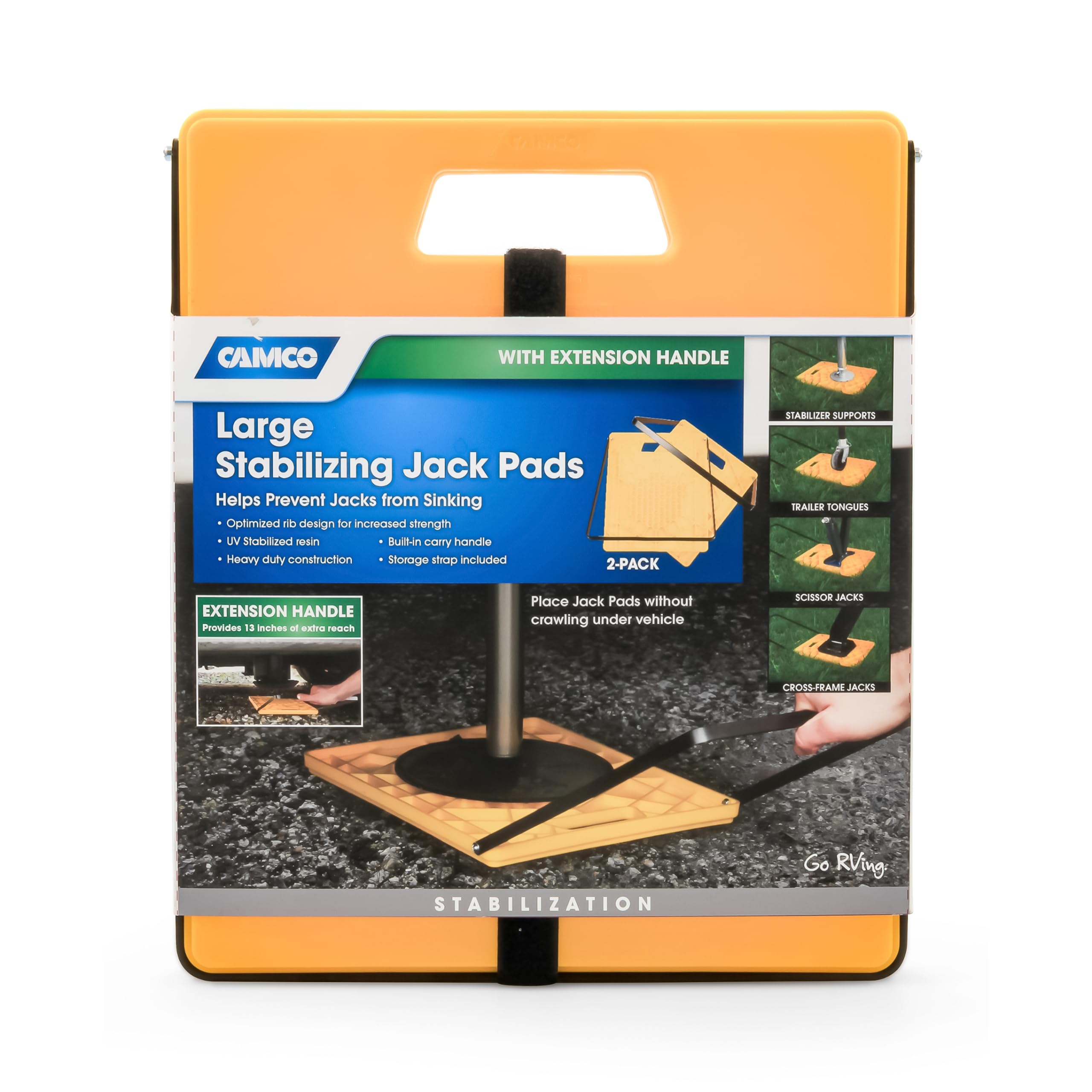 Camco RV Large Stabilizing Jack Pad with Handle, Helps Prevent Sinking Jacks, 14 Inch x 12 Inch Pad - 2 Pack - 44543, Yellow