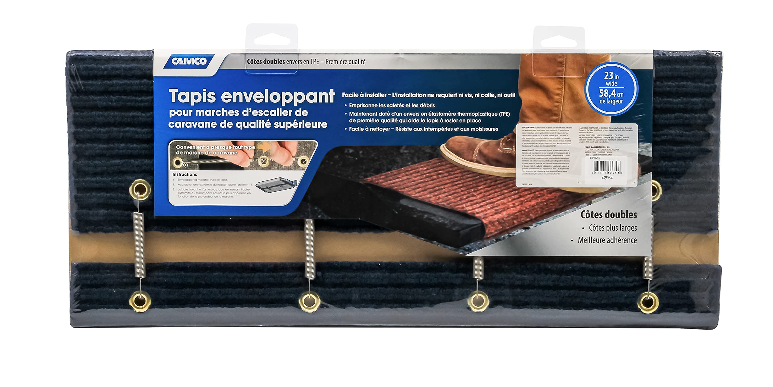 Camco Double Ribbed Wrap Around Step Rug | Easy Install | Easy to Clean | Blue (42954)