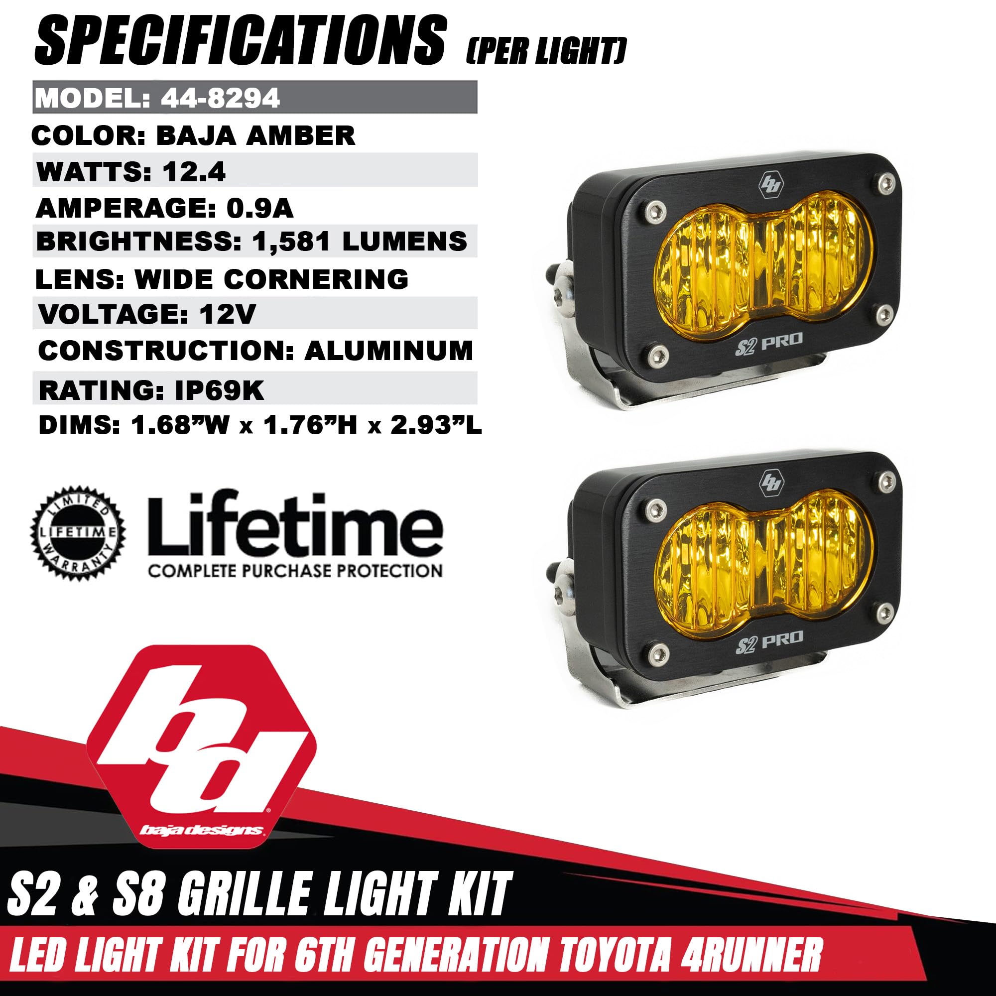 Baja Designs LED Light Kit Grille for 2025+ Toyota 4Runner TRD Pro/Trailhunter - S8 10-Inch LED Light Bar & S2 Pro Pods (3 PCS) - Street Legal, OEM Switch Compatible (Multi Pattern; Baja Amber)