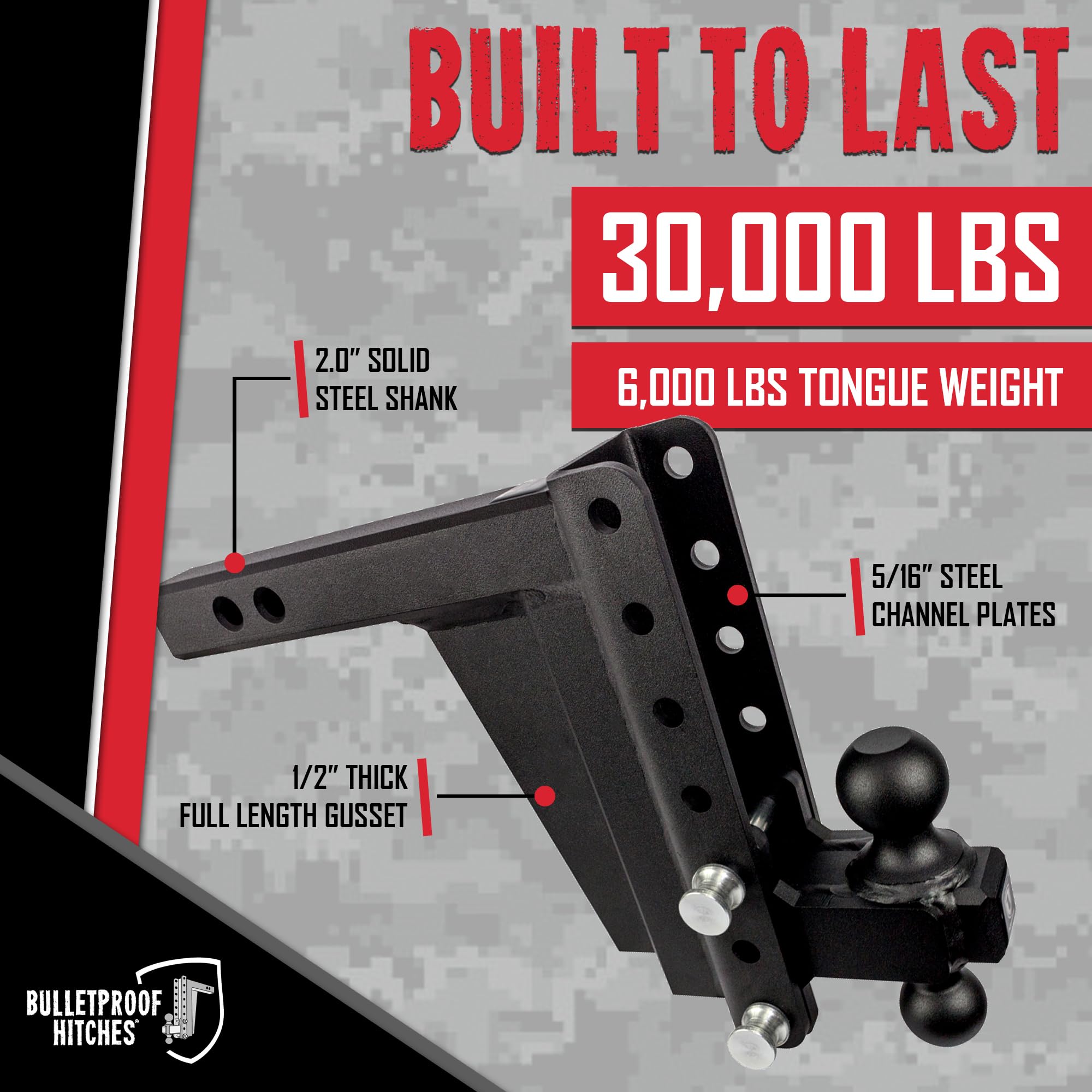 2.0" BulletProof Hitches Adjustable Extreme Duty Trailer Hitch (30,000 lb. Rating) - 8" Drop/Rise with 2" and 2 5/16" Dual Ball - Powder Coat, Solid Steel, Corrosion-Resistant
