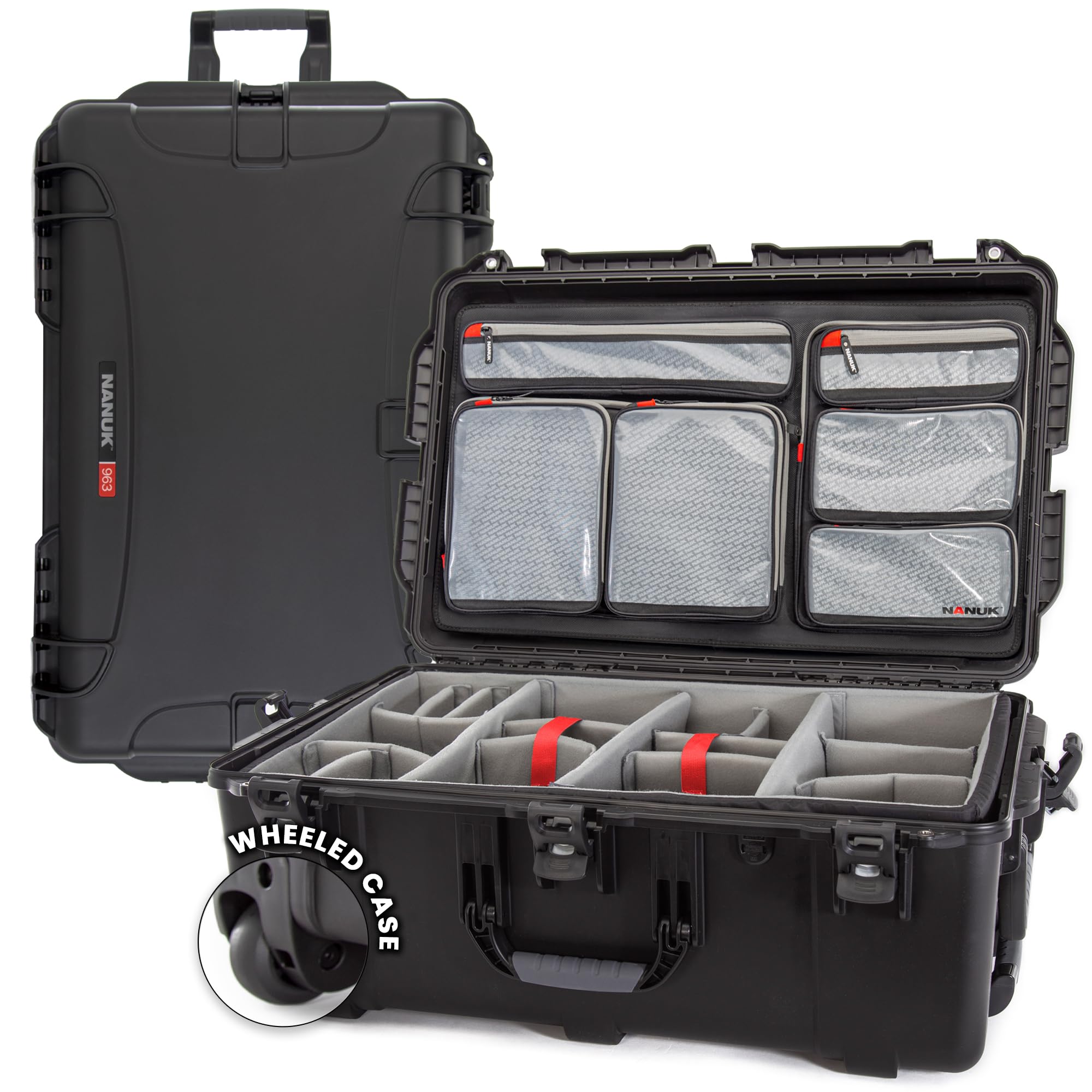 Pro Photo Kit NANUK 963 – Waterproof Travel Camera Hard Case with Padded Dividers and Wheels, 32.5" x 21" x 12.3", Dustproof and Impact-Resistant, Ideal for Heavy Loads – Black