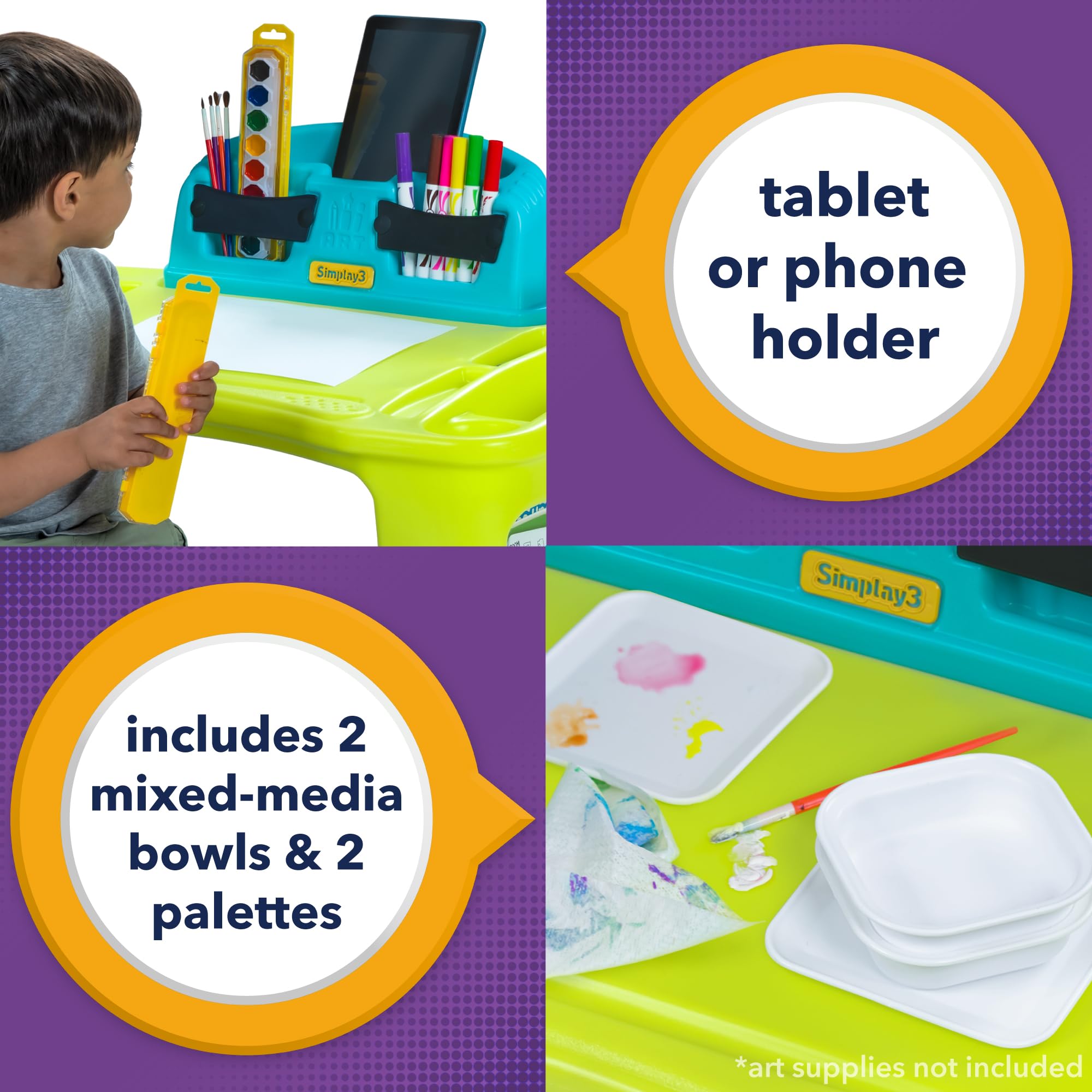 Creative Kids Art Desk Simplay3 Table and Chair Set with Attached Desk Chair, Full Floor and Art Storage