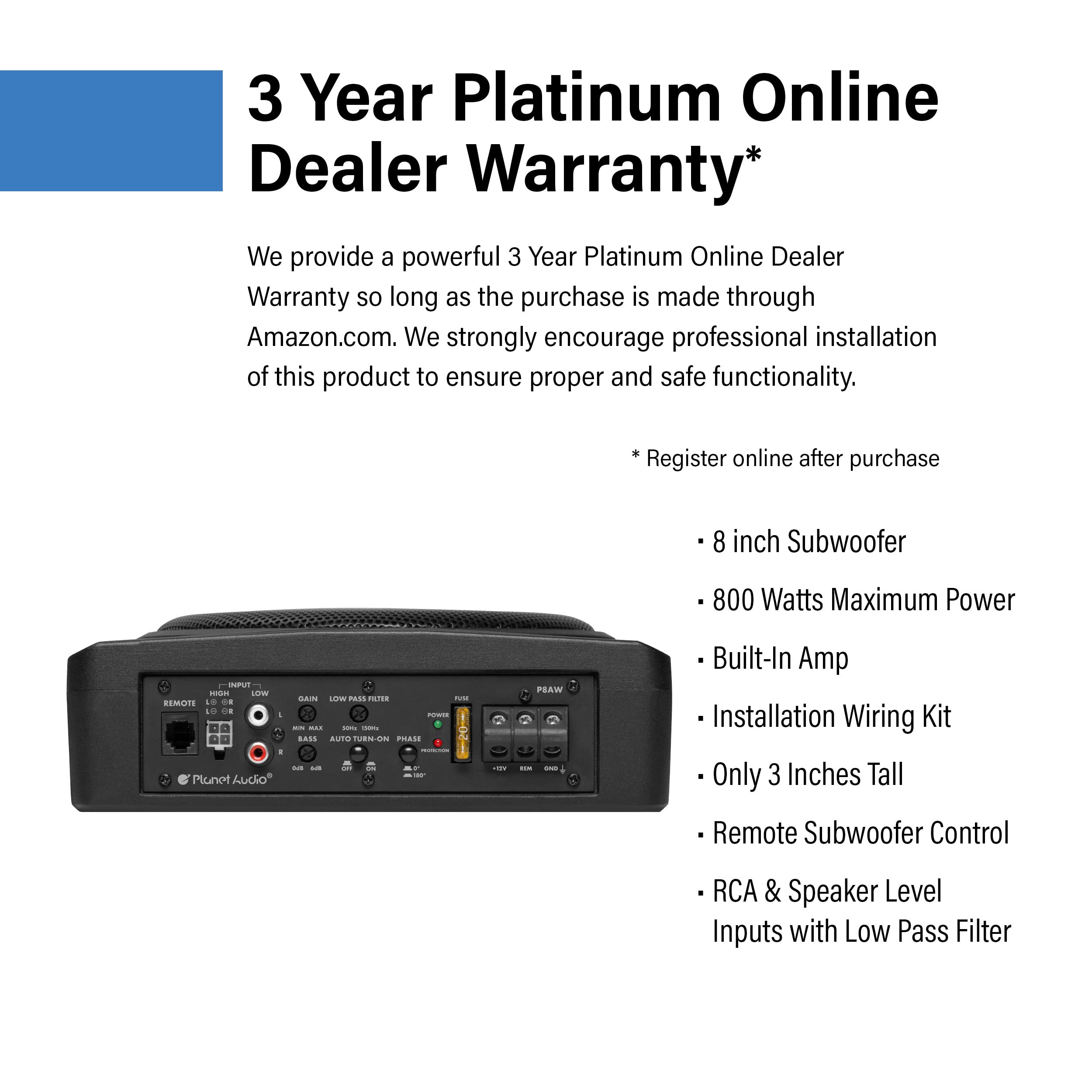 Planet Audio Low Profile P8AWK 8 Inch Under Seat Powered Car Subwoofer - 800 High Output, Built-in Amplifier, for Truck, Boxes and Enclosures, Remote Subwoofer Control