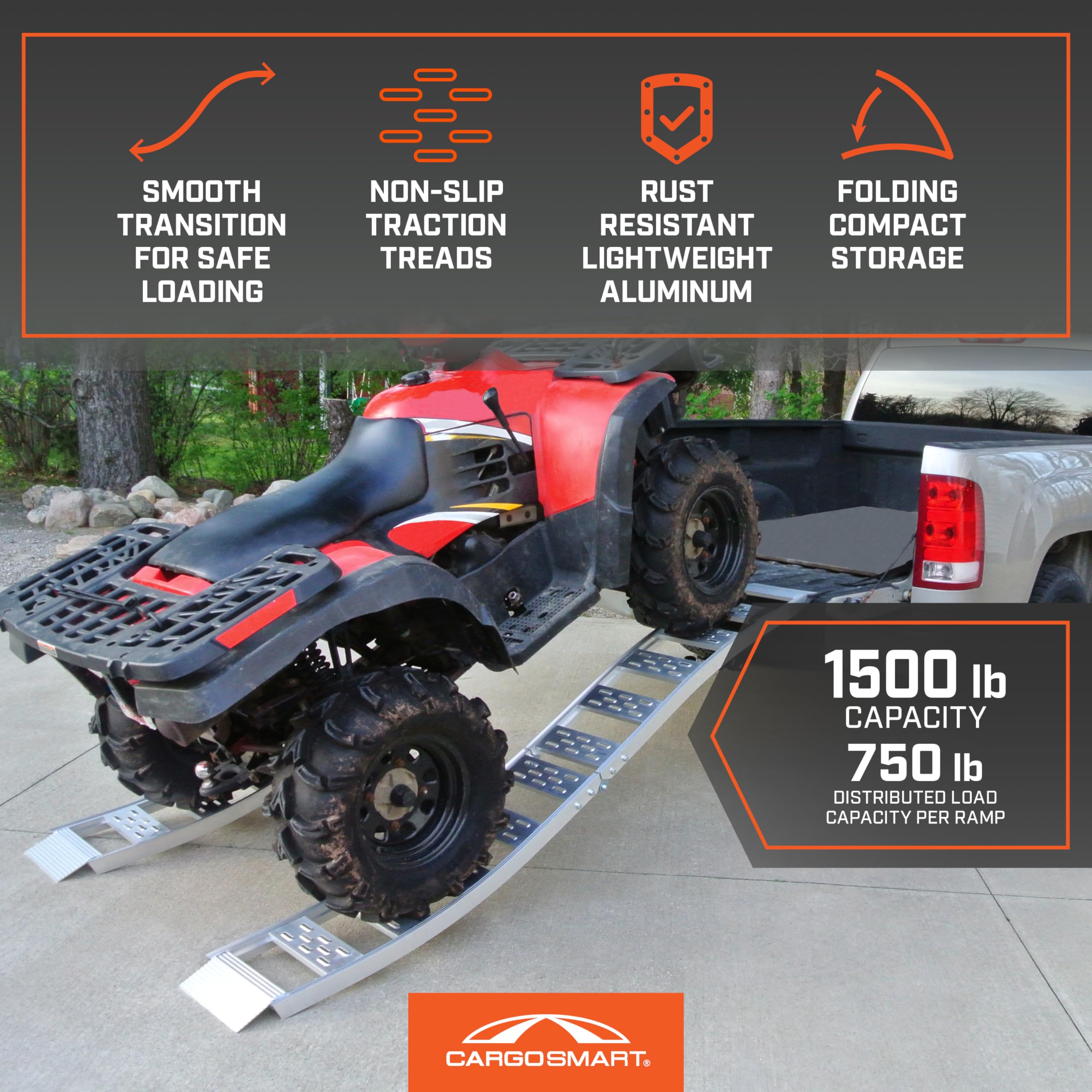 Folding CargoSmart S-Curve Aluminum Ramp with Treads (2pk) – Easily and Safely Load and Unload Light Equipment, Lawn Tractors, ATVs and More, 1,500 lb. Capacity, 12” W x 90” L