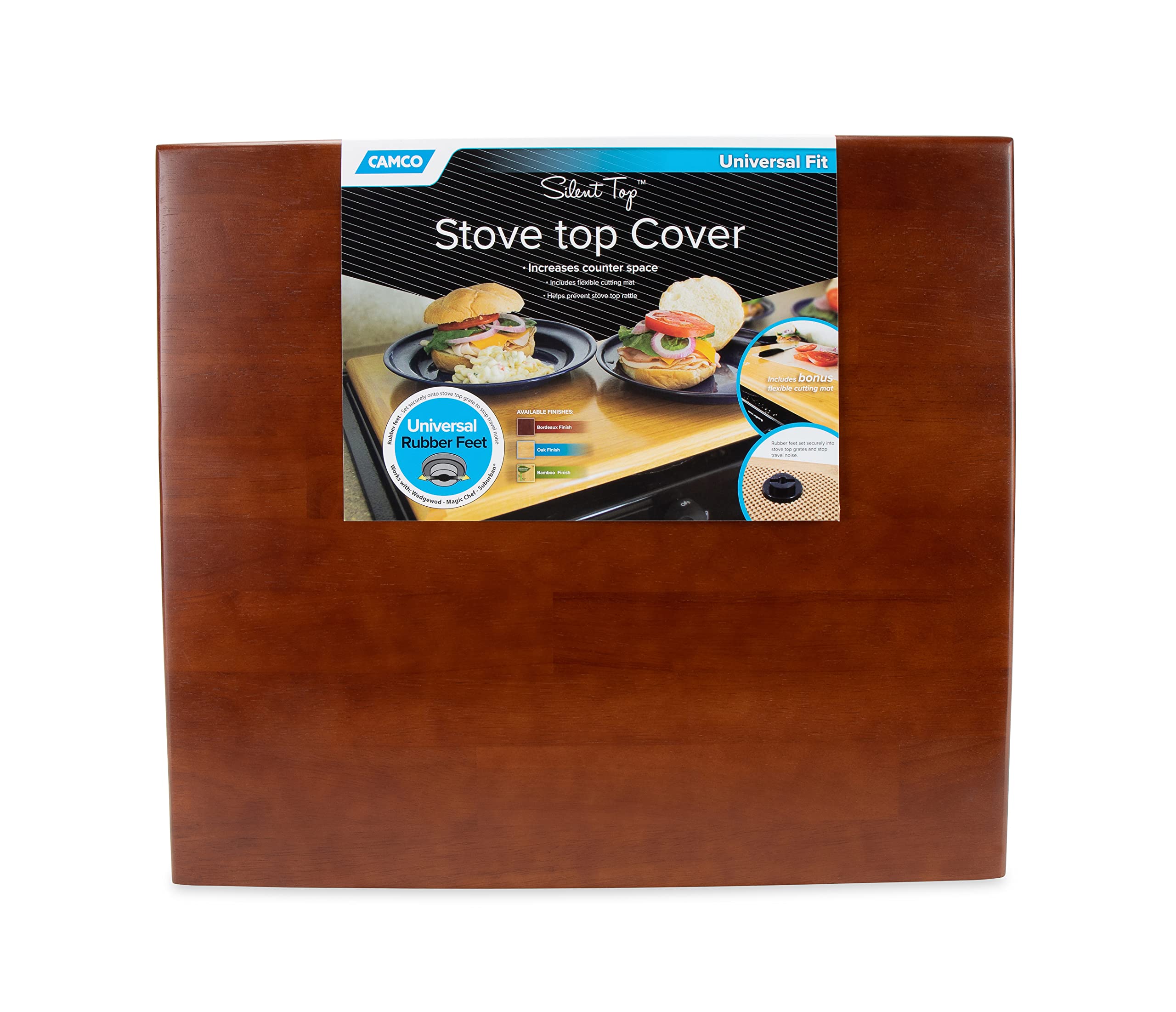 RV Camco Silent Top Stovetop Cover | Measures 19.5-inches (L) x 17-inches (W) x .75-inches (H) | Bordeaux Finish (43526)
