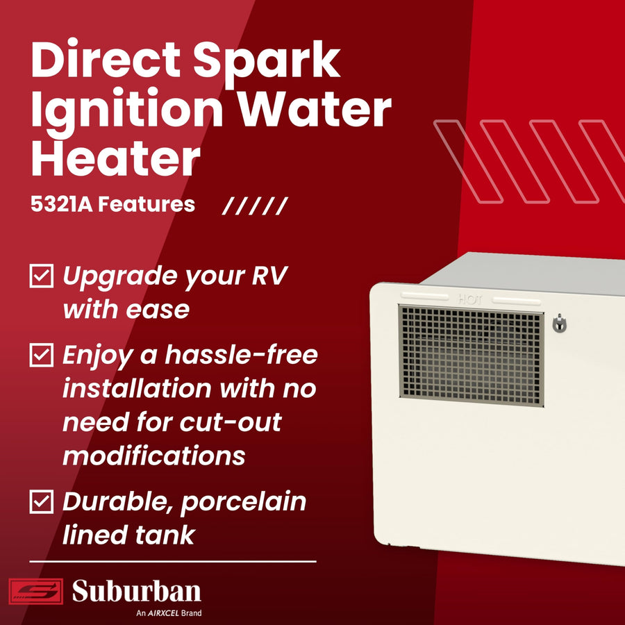 6 Gallon Steel Tank Water Heater Suburban Advantage Direct Fit SAW6DE, Direct Spark Ignition (DSI), LP Gas and Incoloy Electric Element, RV Instant Hot Water, Long Lasting (5321A)