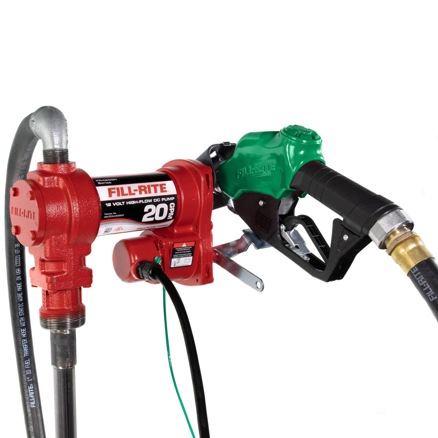Fill-Rite 12V FR4210HB Fuel Transfer Pump with Discharge Hose & Automatic Nozzle, Red Gasoline, Diesel, Kerosene, Ethanol & Methanol Blends & Biodiesel