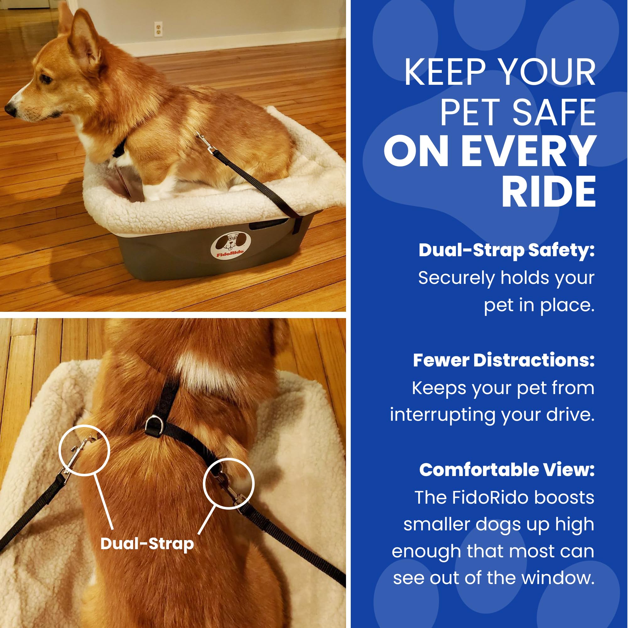 Dog Car Seat FidoRido - Pet Booster Seat for Small to Large Dogs with Comfortable Cushions, Sherpa Cover, and Safety Straps, Easy to Install, Ideal for Travel, Red, Black Paw Prints - Medium Harness