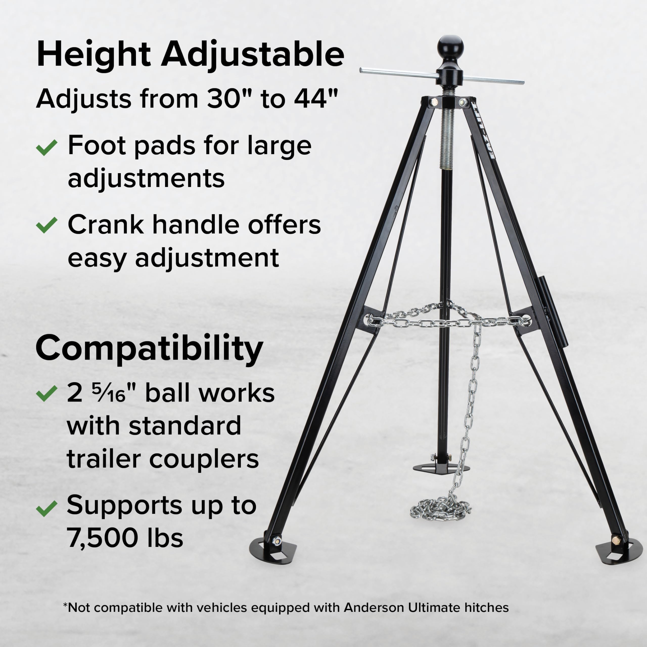 Camco Eaz-Lift Gooseneck Stabilizer Tripod Jack Camper & RV - Reduces Movement on 5th Wheel Trailers - Features Adjustable Height from 30” to 44” - 7,500lb Max Load Capacity (48850)
