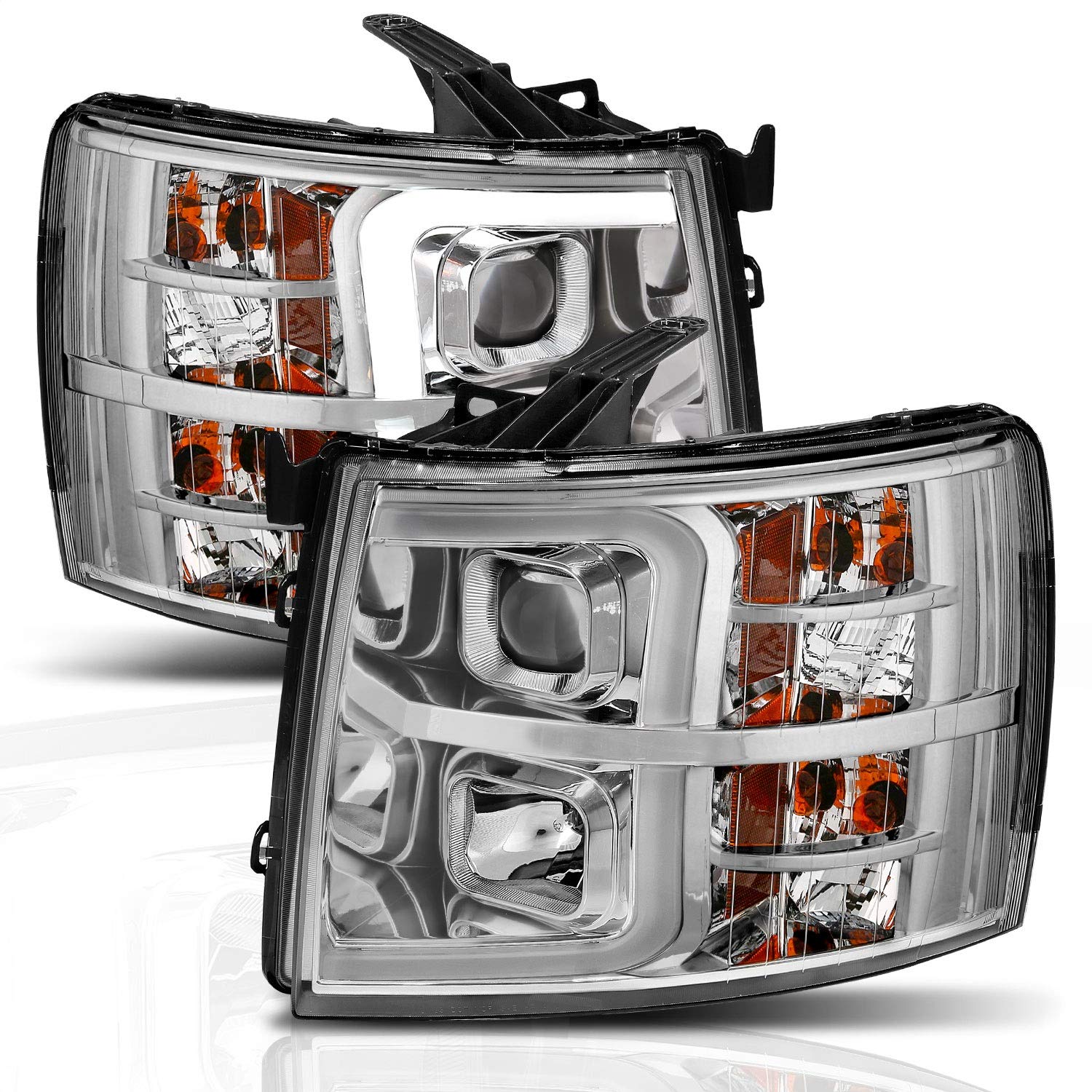 ANZO (111411) USA 07-13 Chevrolet Silverado 1500/2500/3500 Proj Headlights w/Plank Style Switchback Chrome w/Amb