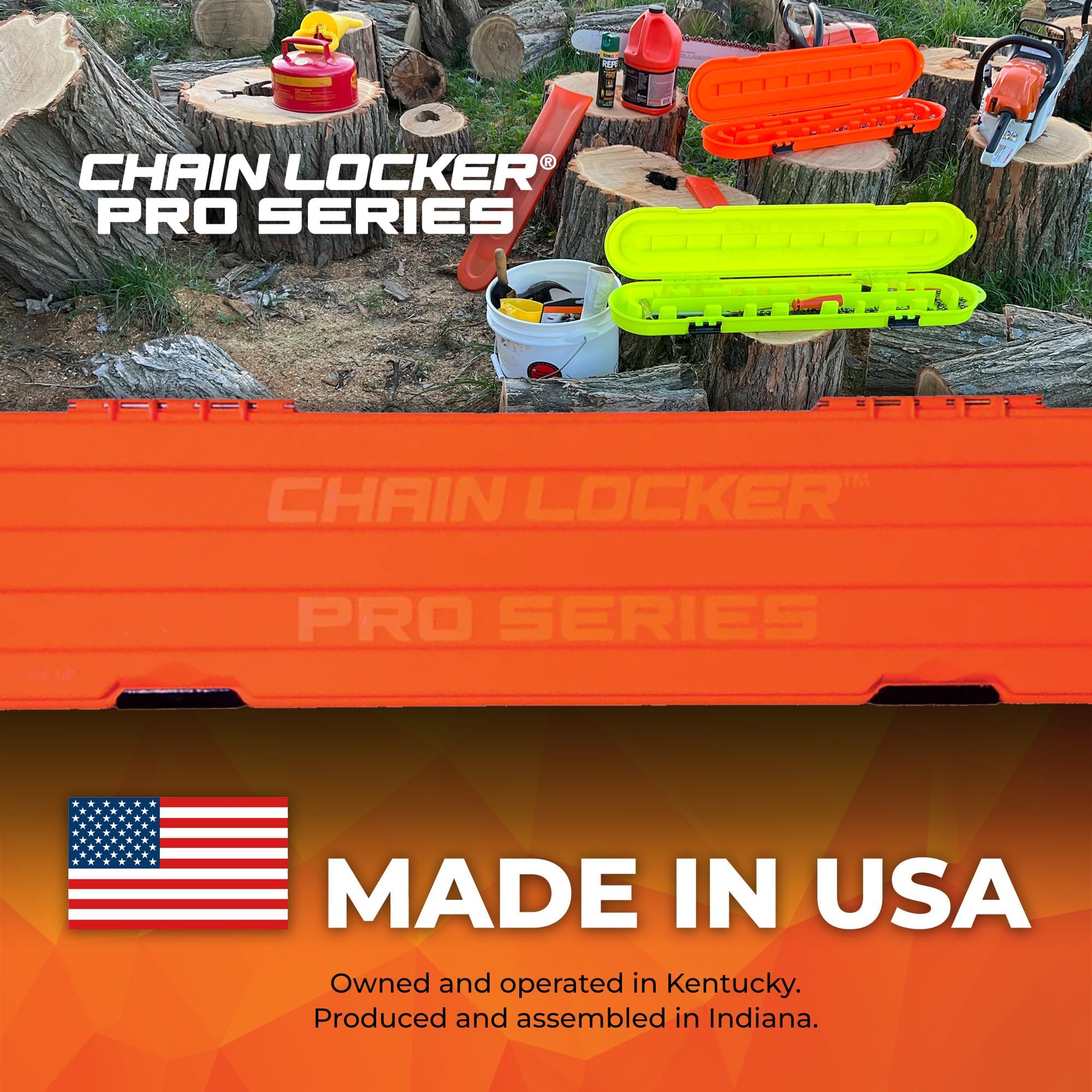 Universal Portable Chain Locker Pro Series - Saw Storage Case for Long Blades - Double Row, Double-Sided for Sharp & Dull Chains, 2” Tall, Made in USA - High-Vis Orange - Holiday Gift for Family