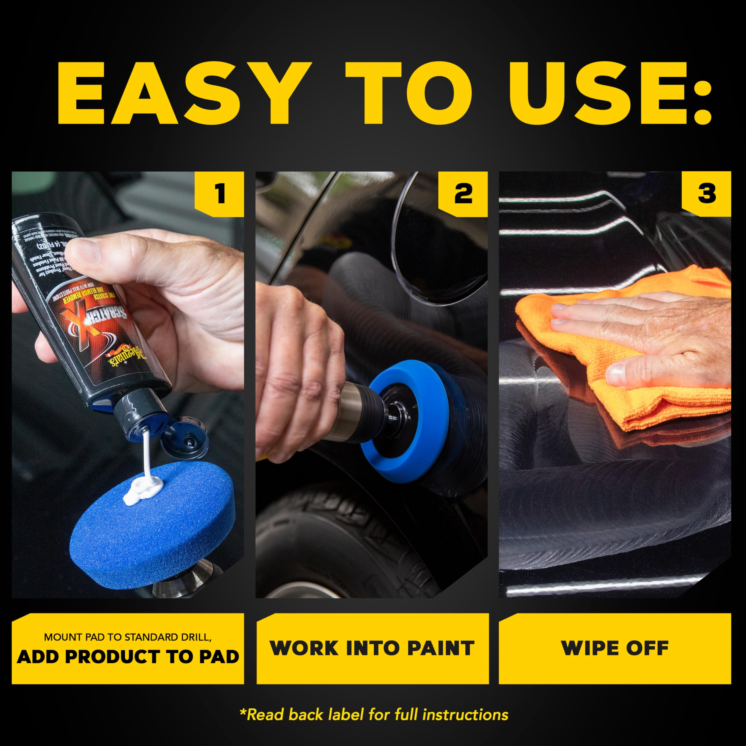 Quik Scratch Eraser Kit Meguiar’s, Car Scratch Remover for Fixing Surface Blemishes, Includes ScratchX, Drill-Mounted Pad, and Microfiber Towel, Great Car Gifts for Men and Women