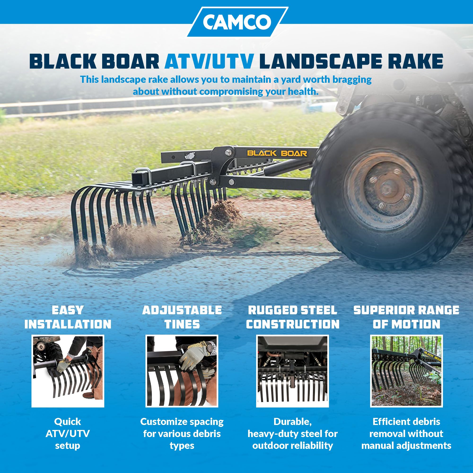 Camco Black Boar Landscape Rake ATV/UTV Implement for Removal of Rock, Grass Clumps and Debris, Prep for Seeding, Cultivate, Establish Food Plot, Maintain Land (66002)