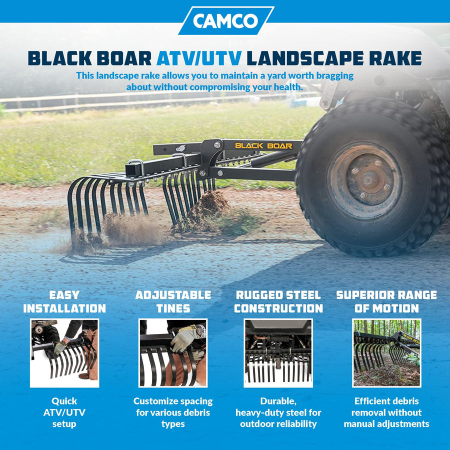 Camco Black Boar Landscape Rake ATV/UTV Implement for Removal of Rock, Grass Clumps and Debris, Prep for Seeding, Cultivate, Establish Food Plot, Maintain Land (66002)