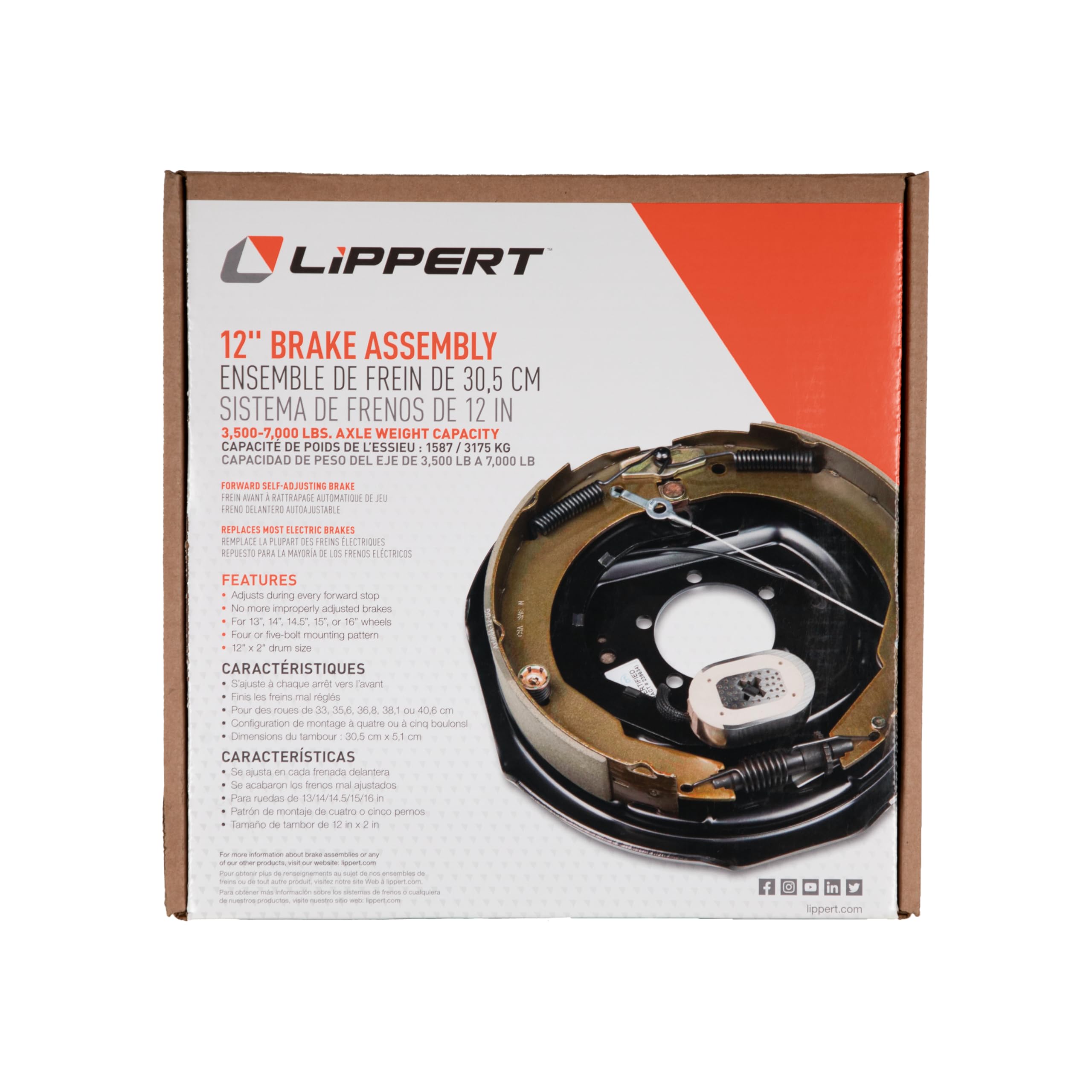 Lippert Components Self-Adjusting Forward Brake Assembly for Right Side 12" x 2", 4,000-7,000 lbs. Capacity, for 14.5", 15", 16" Wheels - 296652