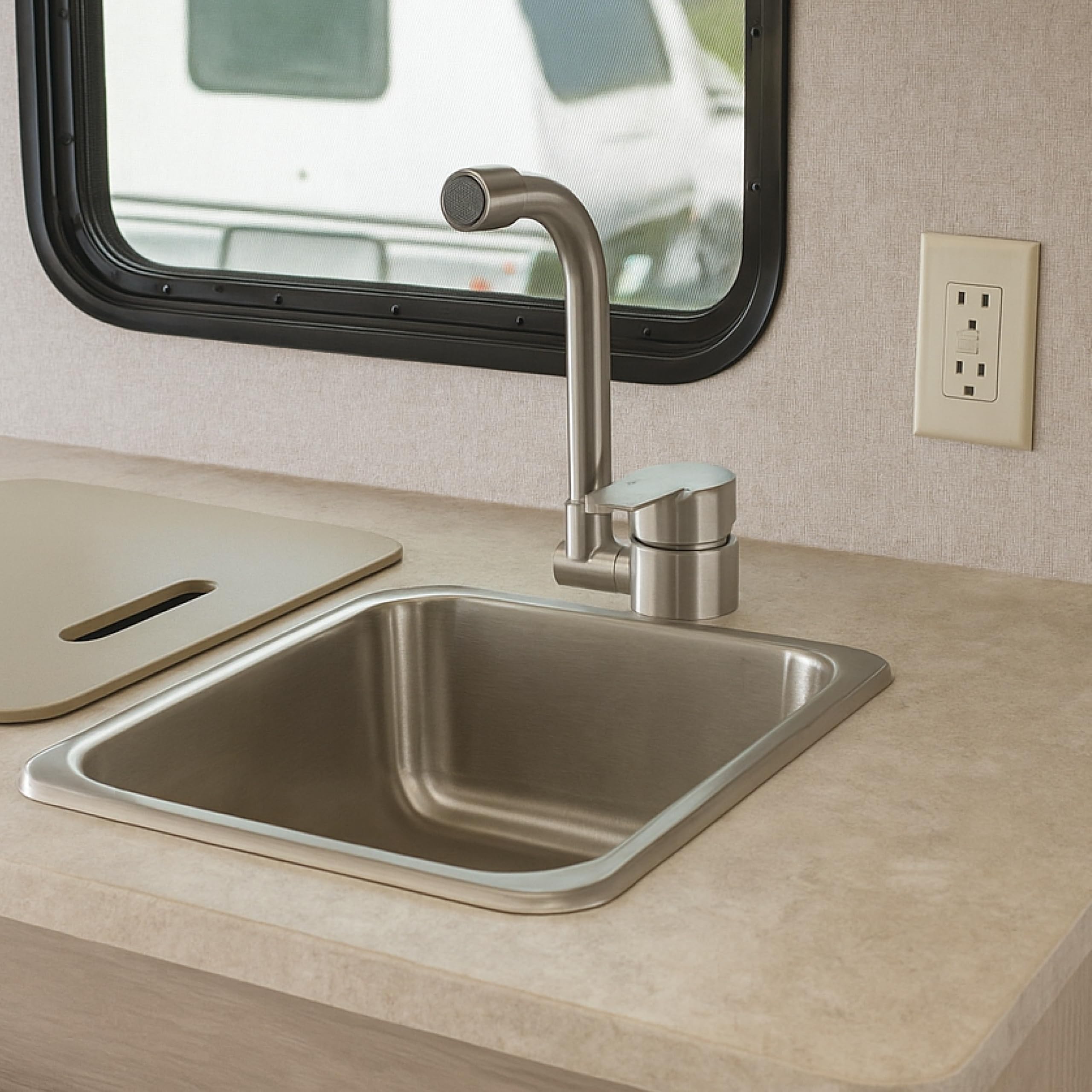 Folding RV Kitchen Faucet Dura Faucet (DF-MK510H-SN) – Brushed Satin Nickel, 360° Rotating & Vertical Folding Spout, Single Lever Handle, Lead-Free, Easy Install Compact Sink Faucet