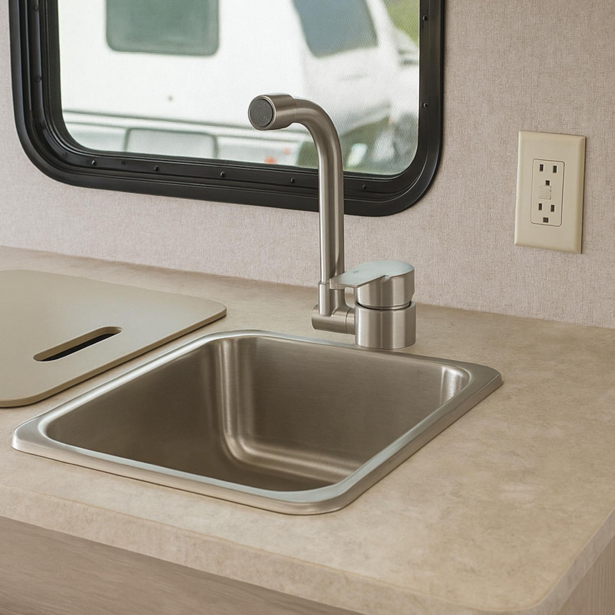 Folding RV Kitchen Faucet Dura Faucet (DF-MK510H-SN) – Brushed Satin Nickel, 360° Rotating & Vertical Folding Spout, Single Lever Handle, Lead-Free, Easy Install Compact Sink Faucet