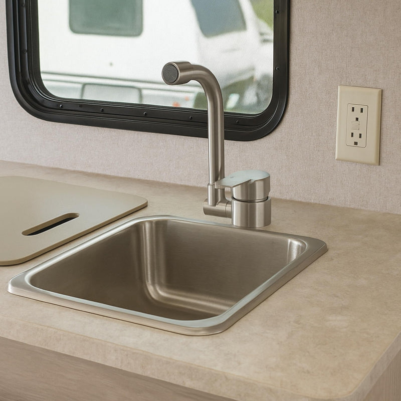 Folding RV Kitchen Faucet Dura Faucet (DF-MK510H-SN) – Brushed Satin Nickel, 360° Rotating & Vertical Folding Spout, Single Lever Handle, Lead-Free, Easy Install Compact Sink Faucet