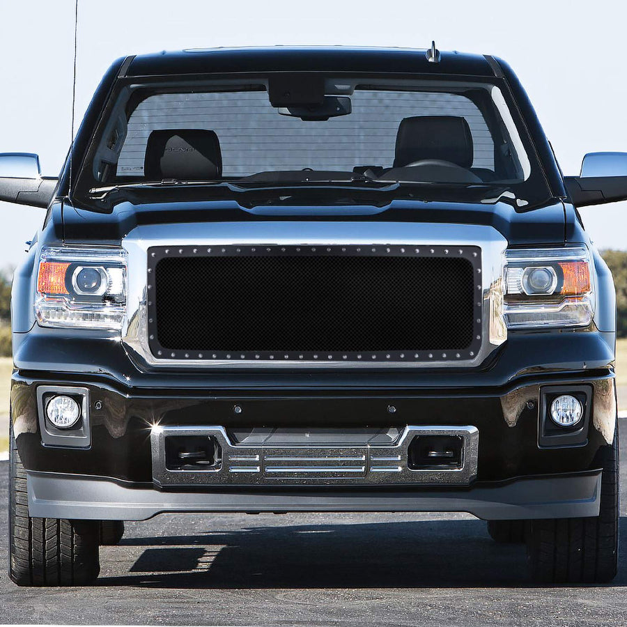 Spec-D Tuning Black Rivet Style Studded S/S Mesh Hood Grille Insert 1PC Compatible with 2014-2015 GMC Sierra 1500
