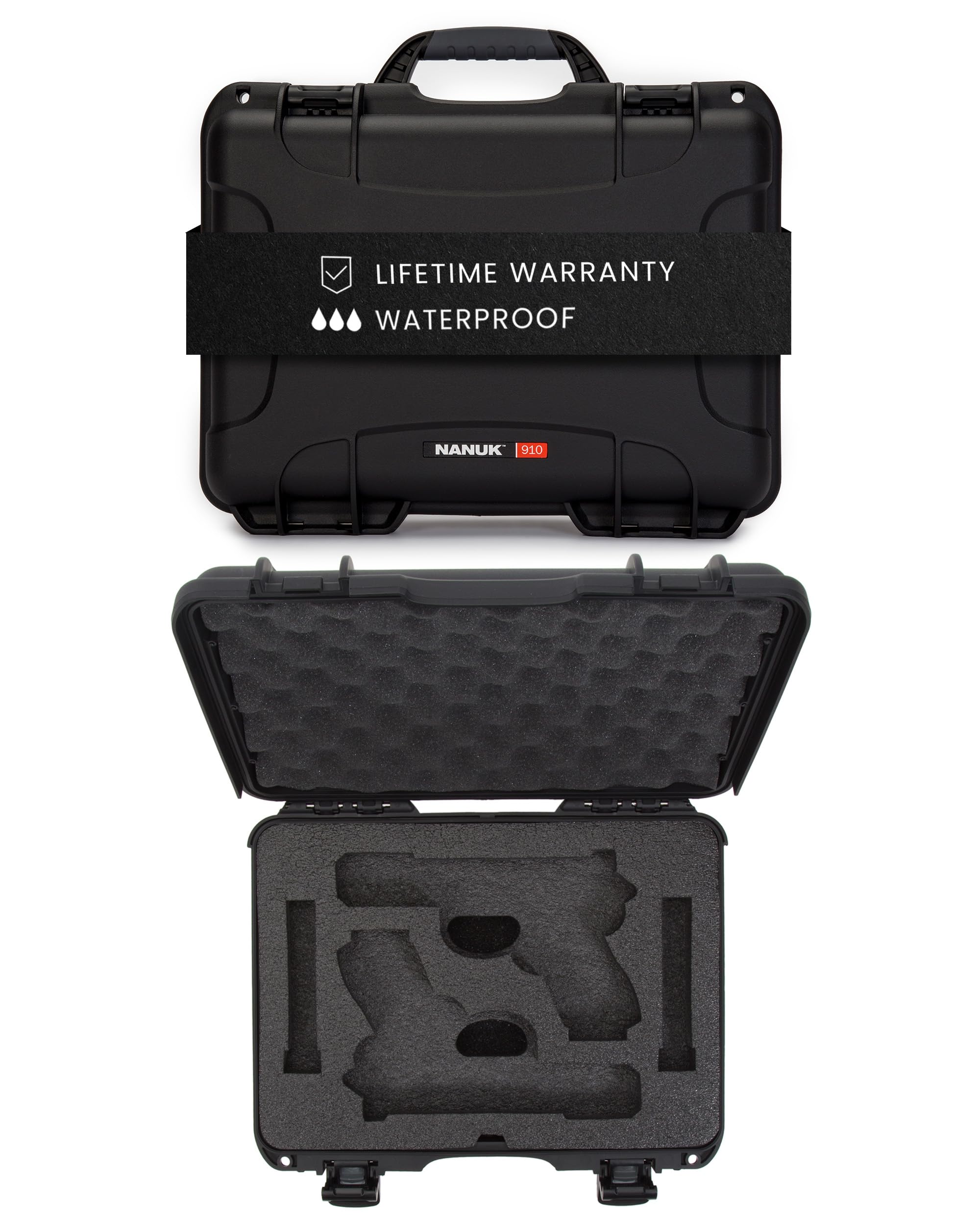 NANUK 910 Hard Case with Custom Foam Insert 2 UP for Glock, IP67 Waterproof & Crushproof, Rugged Construction for Ultimate Protection, Made in North America – Black (14.3” x 11.1” x 4.7”)