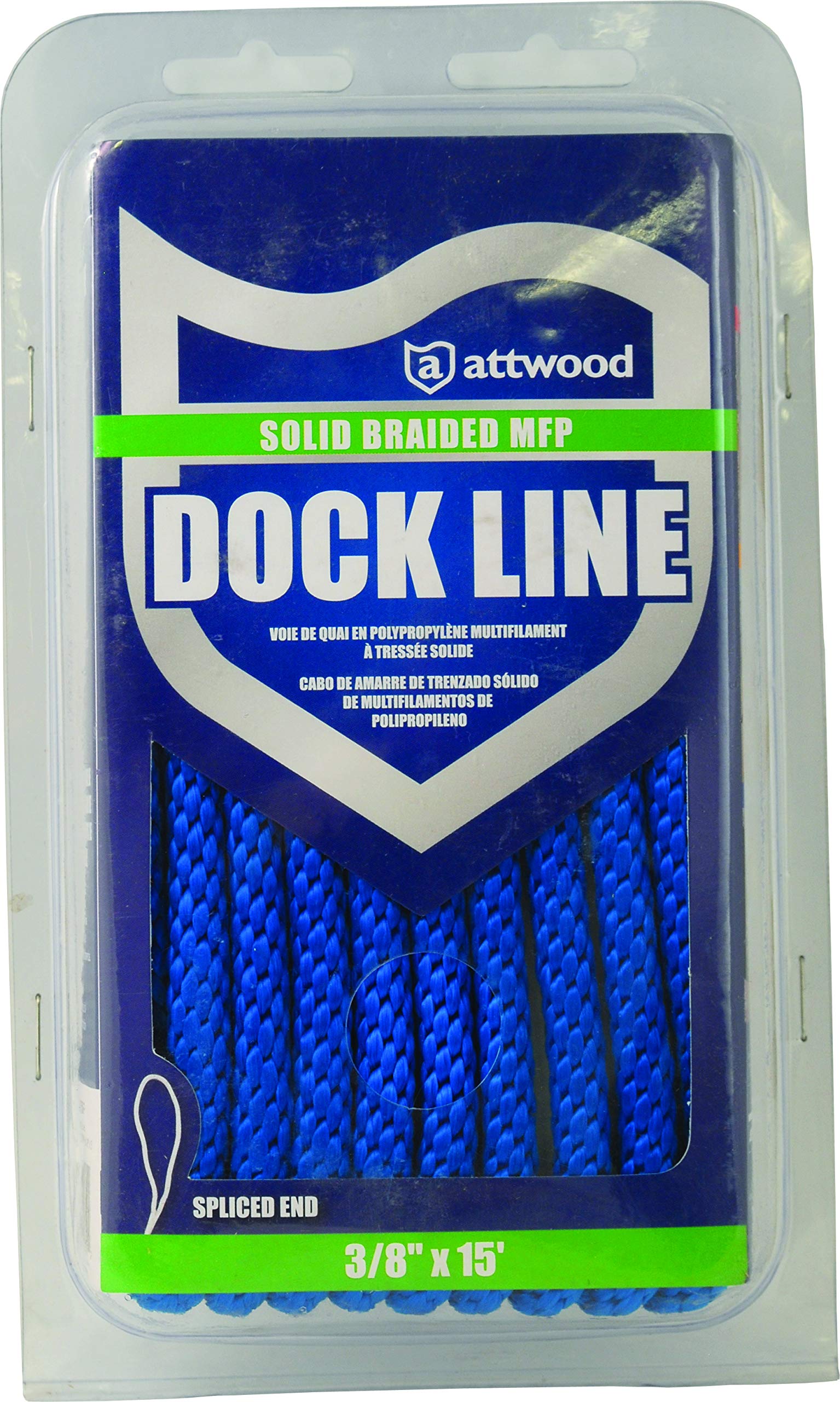 Dock Line Attwood 11750-7 Solid Braided Multifilament Polypropylene (MFP), 3/8-Inch, 15 Feet Long, Bare Ends, Blue
