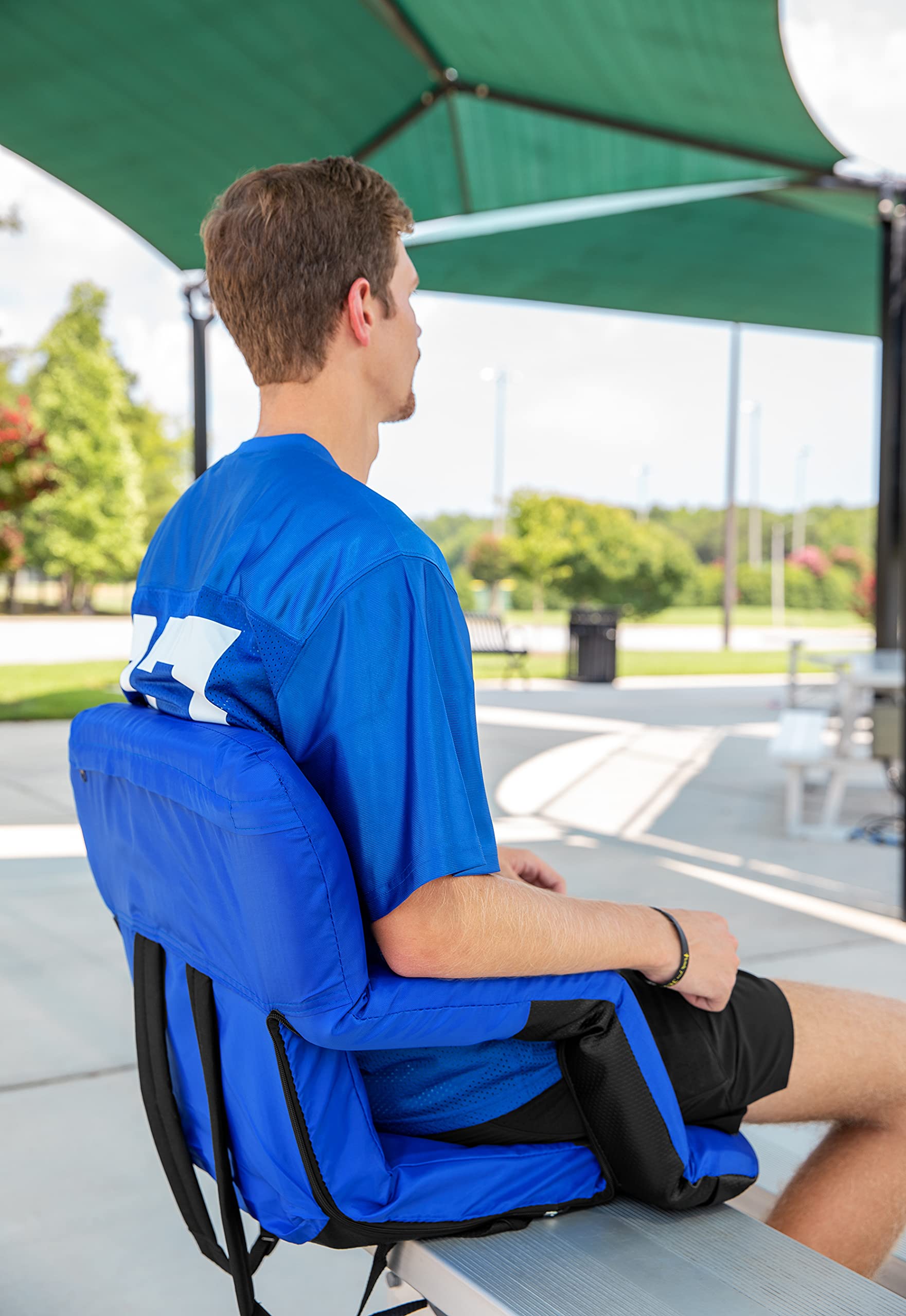 Portable Stadium Seat Camco | Steel Frame w/Padded Cushion Seat, Back Support & Armrests | Invertible Armrests for Wider Seat & Non-Skid Bottom | Great for Camping, RVing, Picnic & More | Blue (53095)