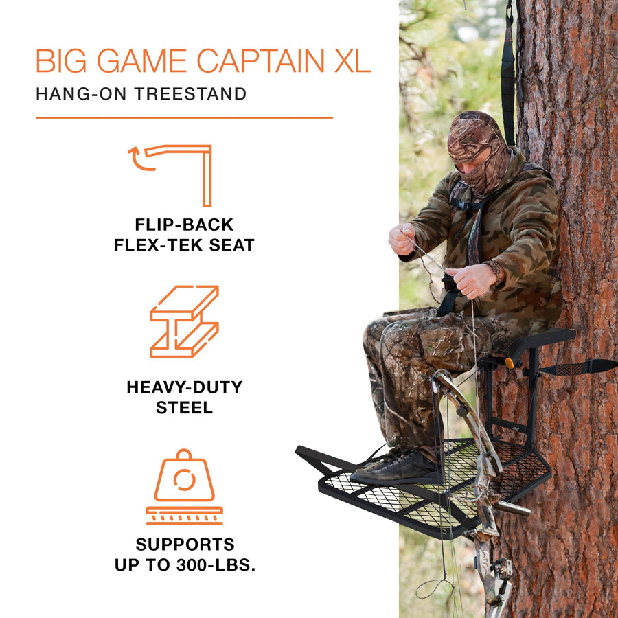 Captain XC Big Game Hang-On Treestand, Lightweight Steel Construction with 14 x 8 in. Flip-Back Flex-Tek Seat, 300 lbs Weight Rating