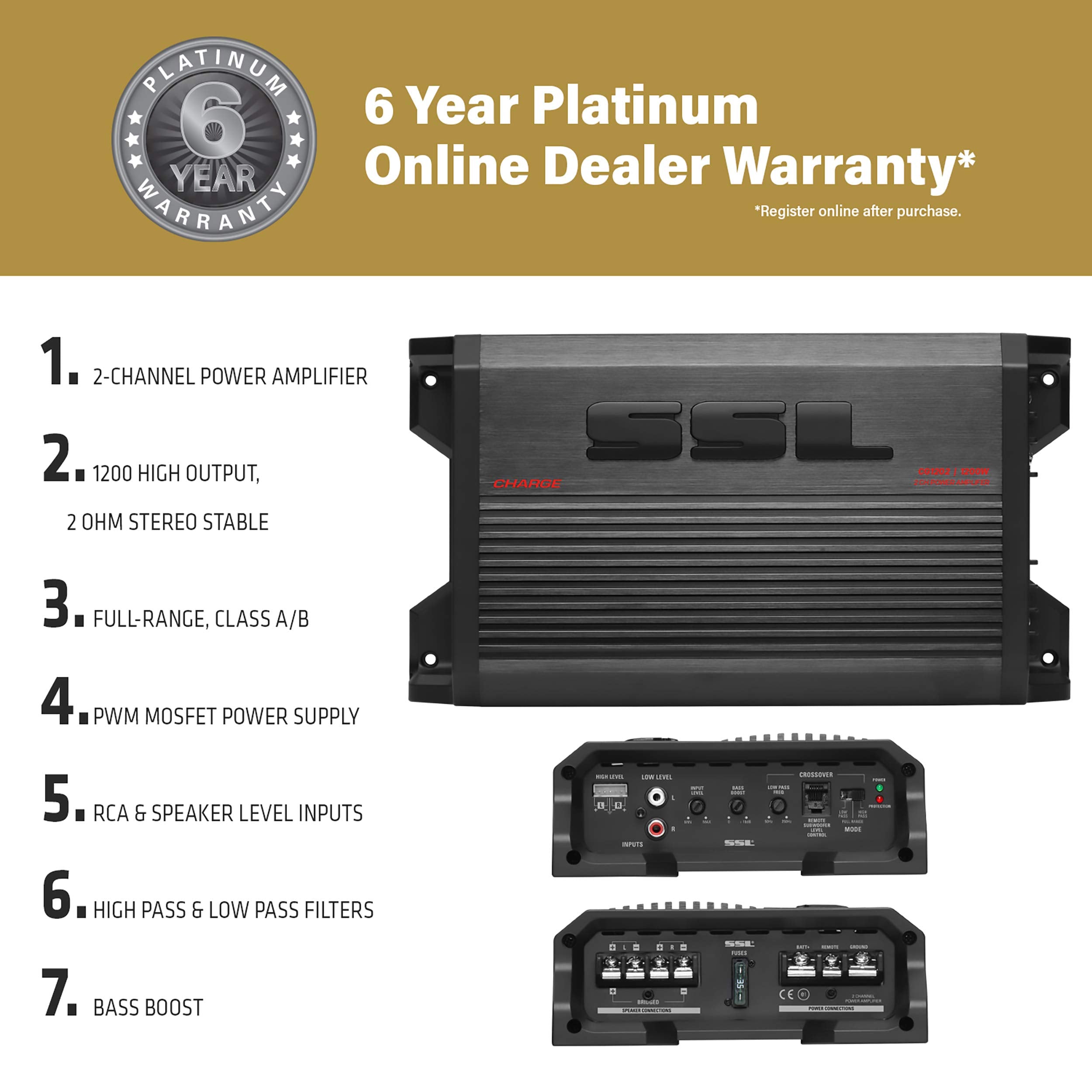 Sound Storm Laboratories Charge Series CG1202 2 Channel Car Audio Amplifier - 1200 High Output, 2-8 Ohms, High/Low Level Inputs, High/Low Pass Crossover, Bridgeable, Hook Up to Subwoofer for Bass