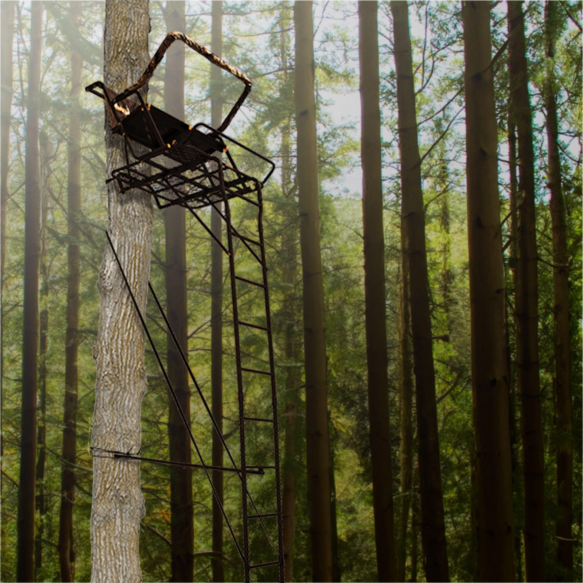 2-Person Muddy Ladder Tree Stand for Deer Hunting, The Partner, 17' Tall, Black - Adjustable Climbing Treestand with Platform, Straps and Safety Harness for Shooting