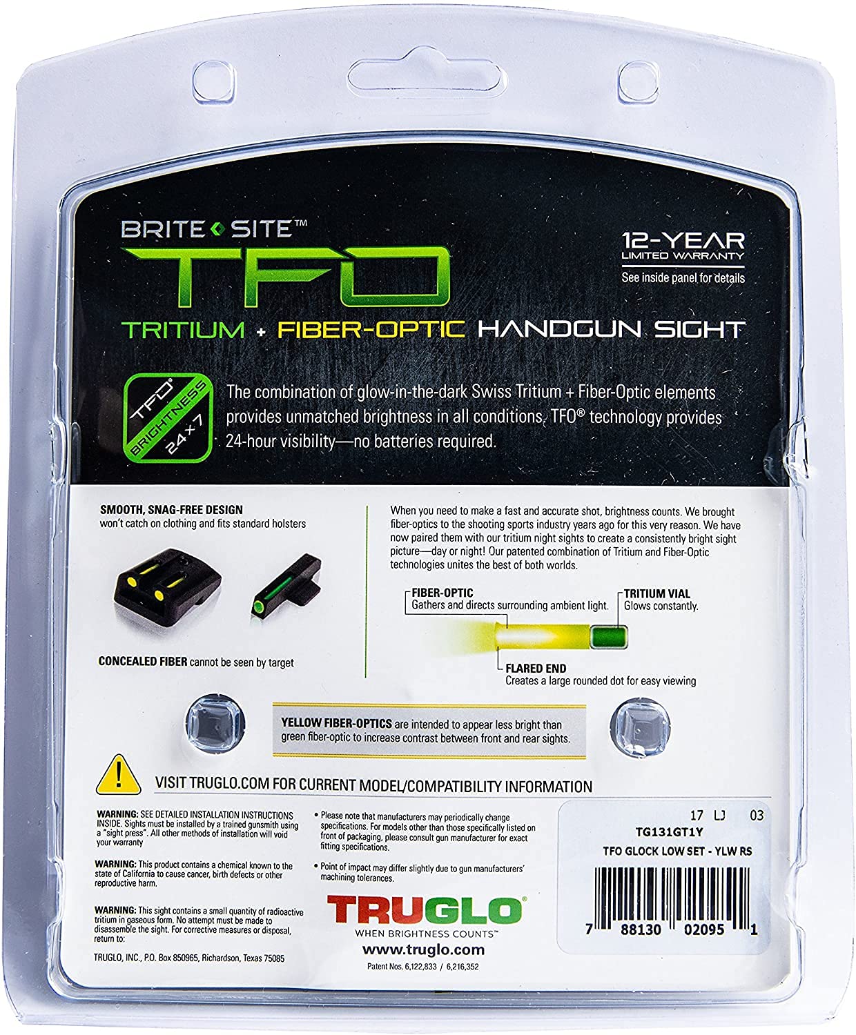 Tritium TruGlo Fiber Optic Handgun Laser Sight Accessories Set with Rear Colors, Fits Glock 17/17L, 19, 22, 23, 24 Models and More, Yellow Light