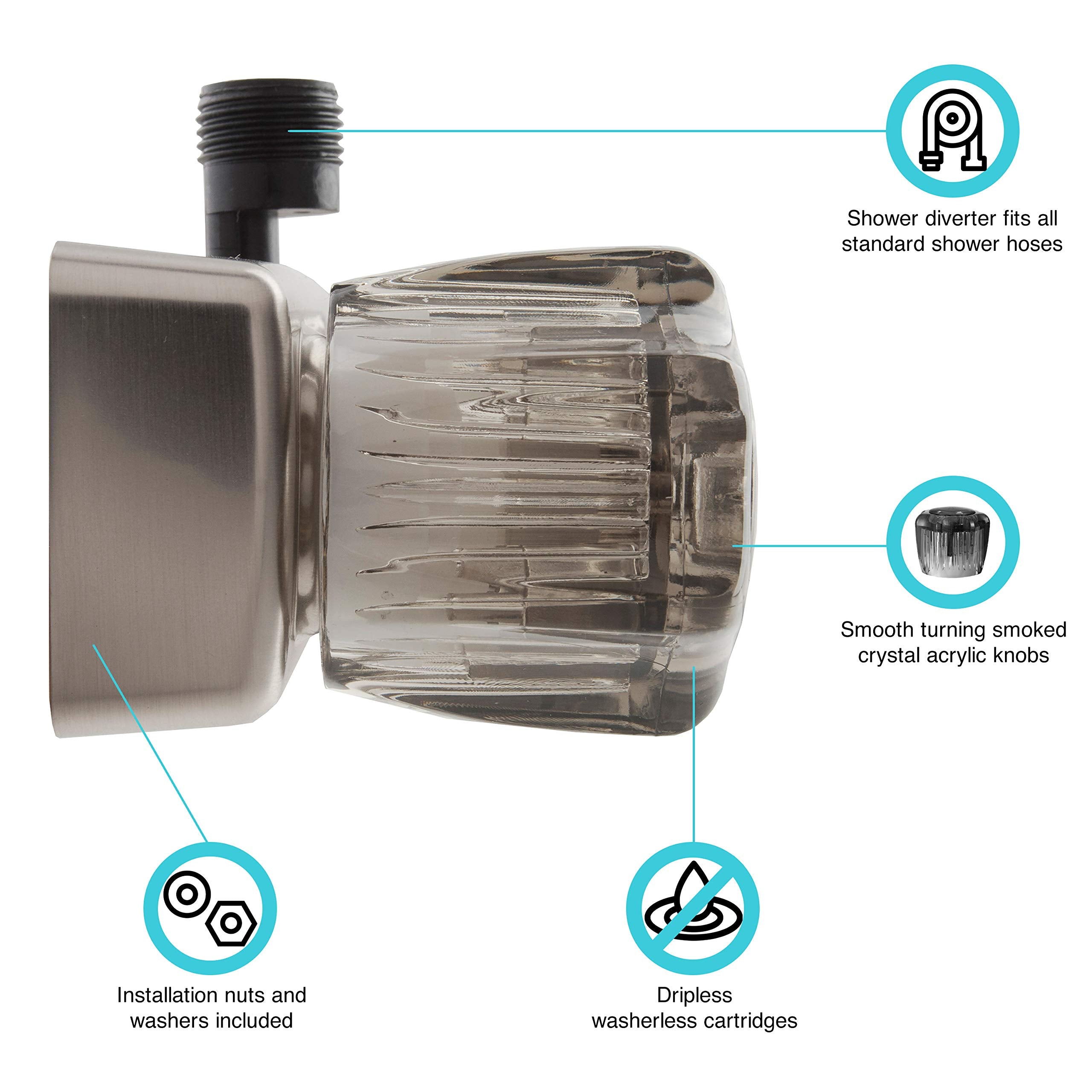 Dura Faucet RV/Motorhome/Trailer DF-SA100S-SN Shower Faucet Valve Diverter with Smoked Acrylic Knobs (Brushed Satin Nickel)