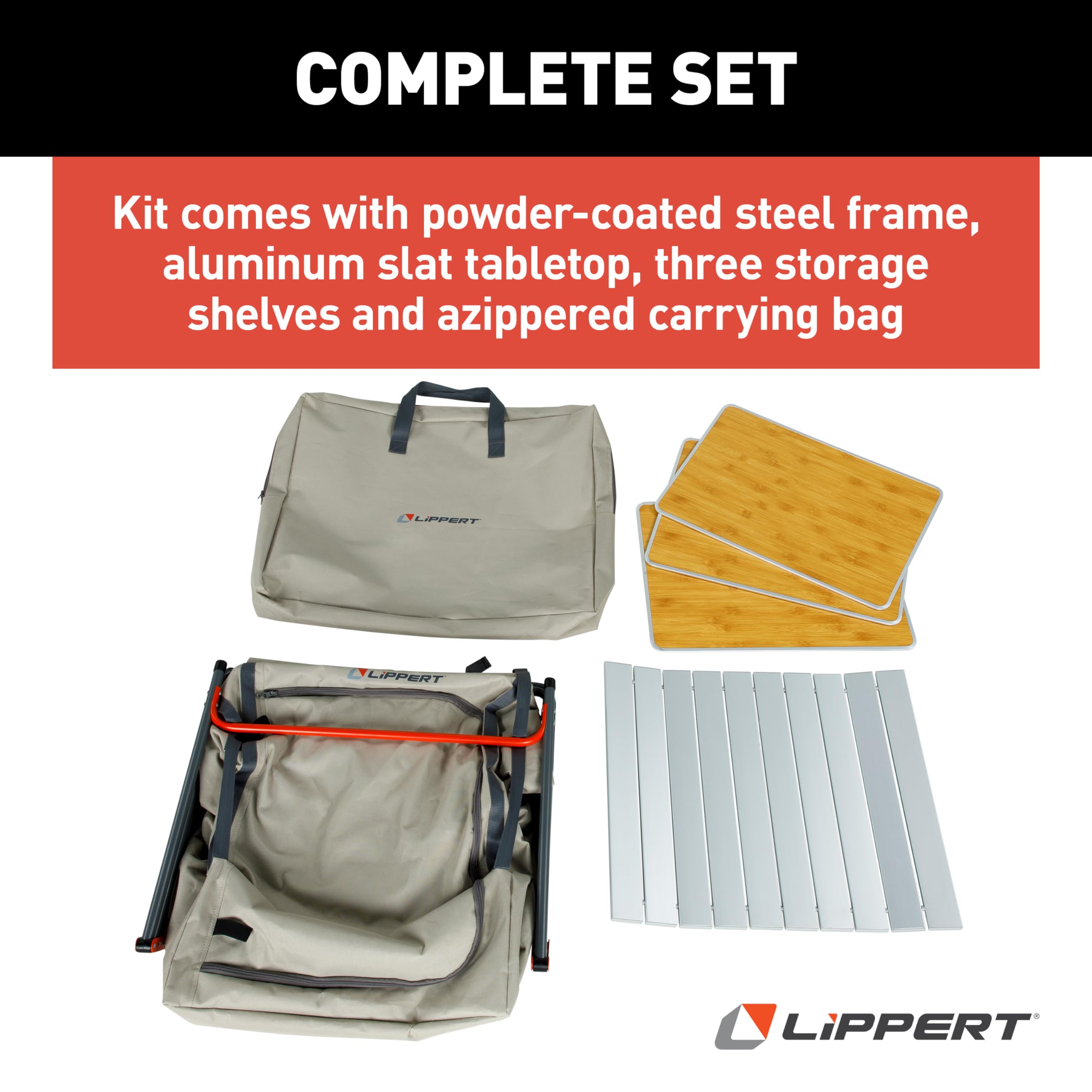 Outdoor Lippert Sand Folding Camping Pantry with Three Storage Shelves, 600D Polyester Fabric, Powder-Coated Steel Frame, Aluminum Slat Top, Collapsible Design - 2023053723