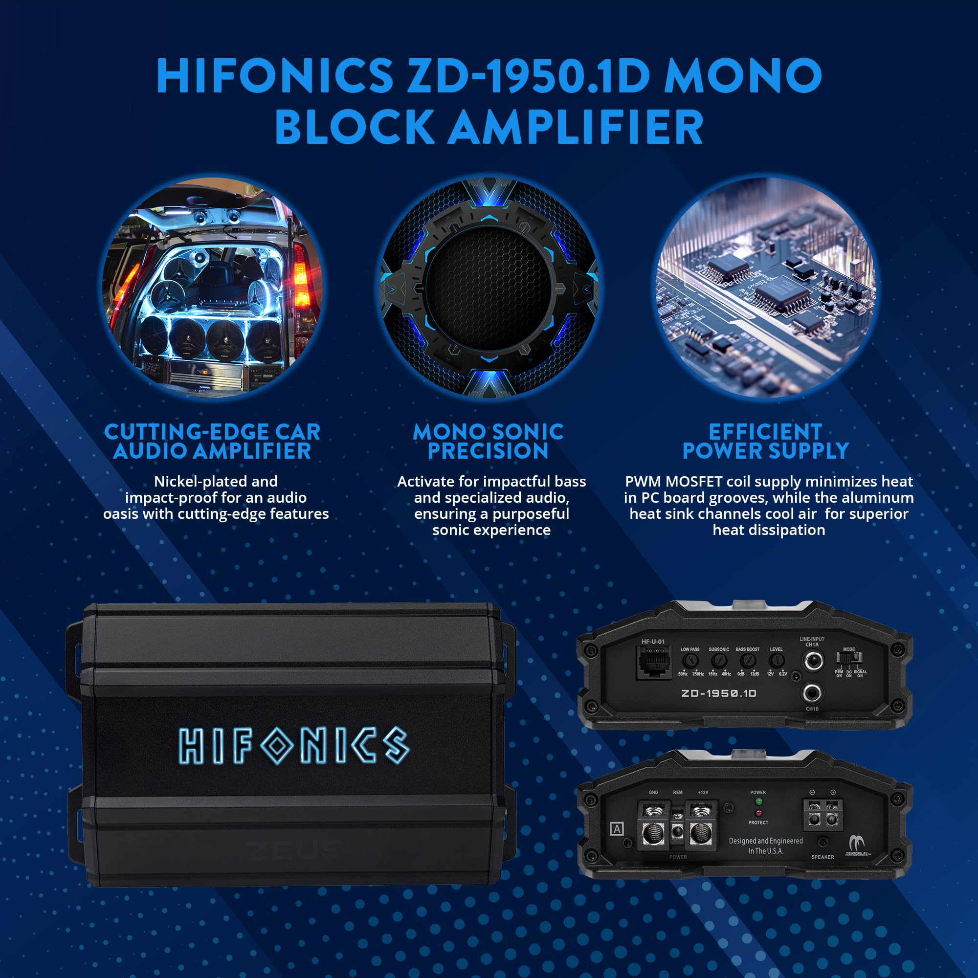 Hifonics Delta Zeus 1,950 Watt Compact Mono Block Nickel Plated Mobile Car Audio Amplifier with Auto Turn On Feature, ZD-1950.1D, Black