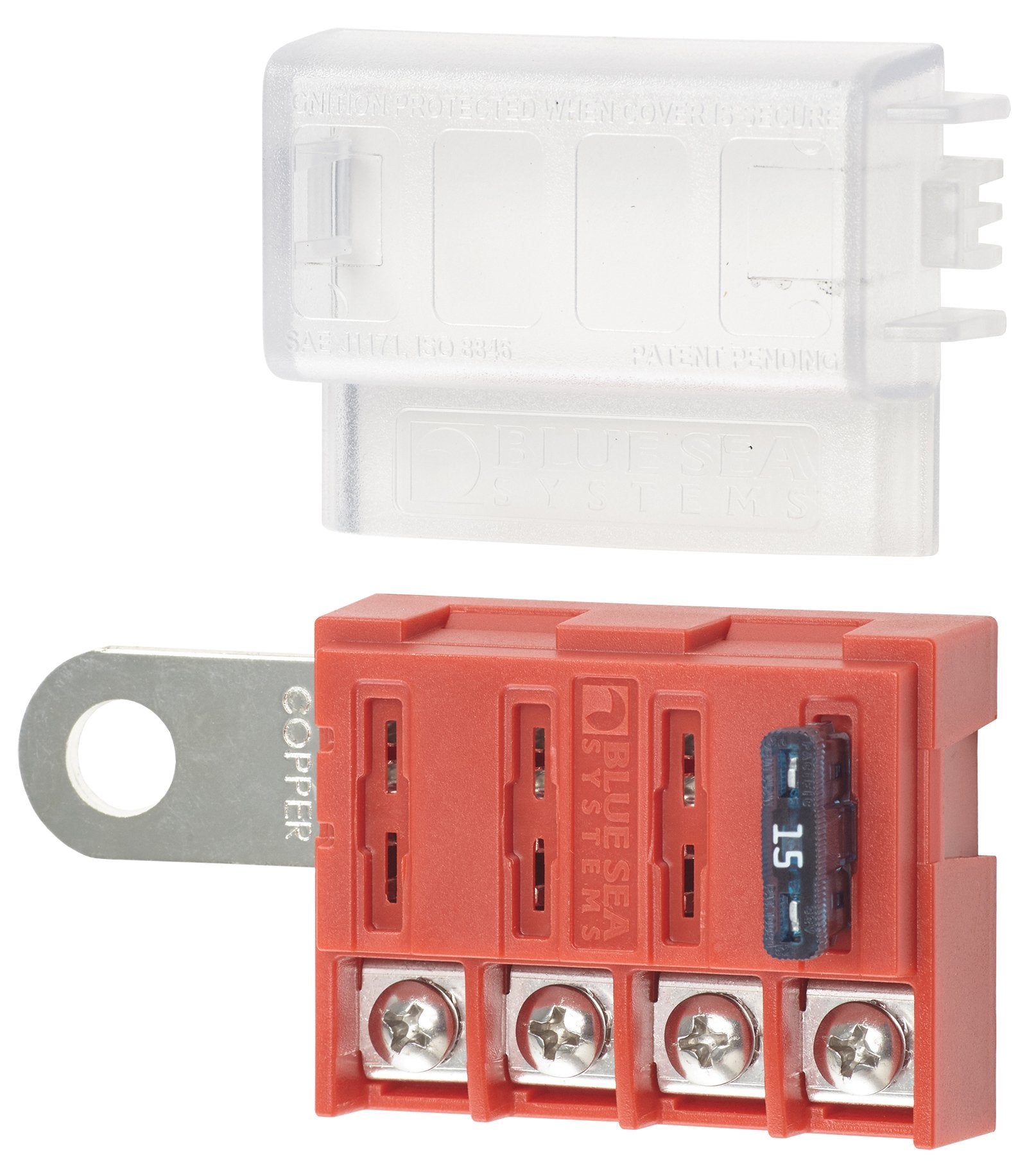 Blue Sea Systems 5023 Fuse Block ST Blade Battery Terminal 4 Way Circuit with Cover, 100 Amps