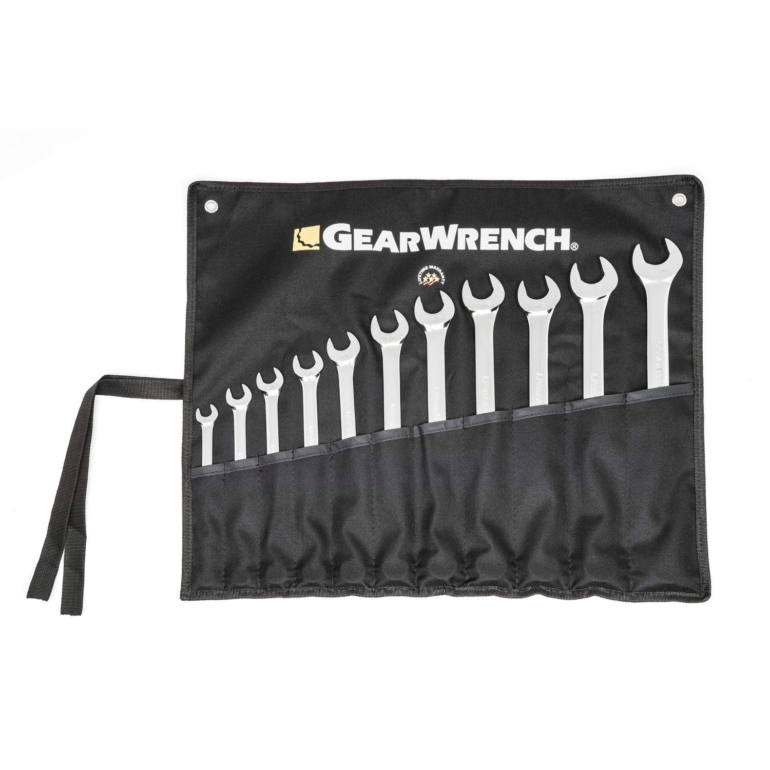 Long Pattern GEARWRENCH Combination SAE Wrench Set with Tool Roll, 11 Pc., 12 Point - 81934