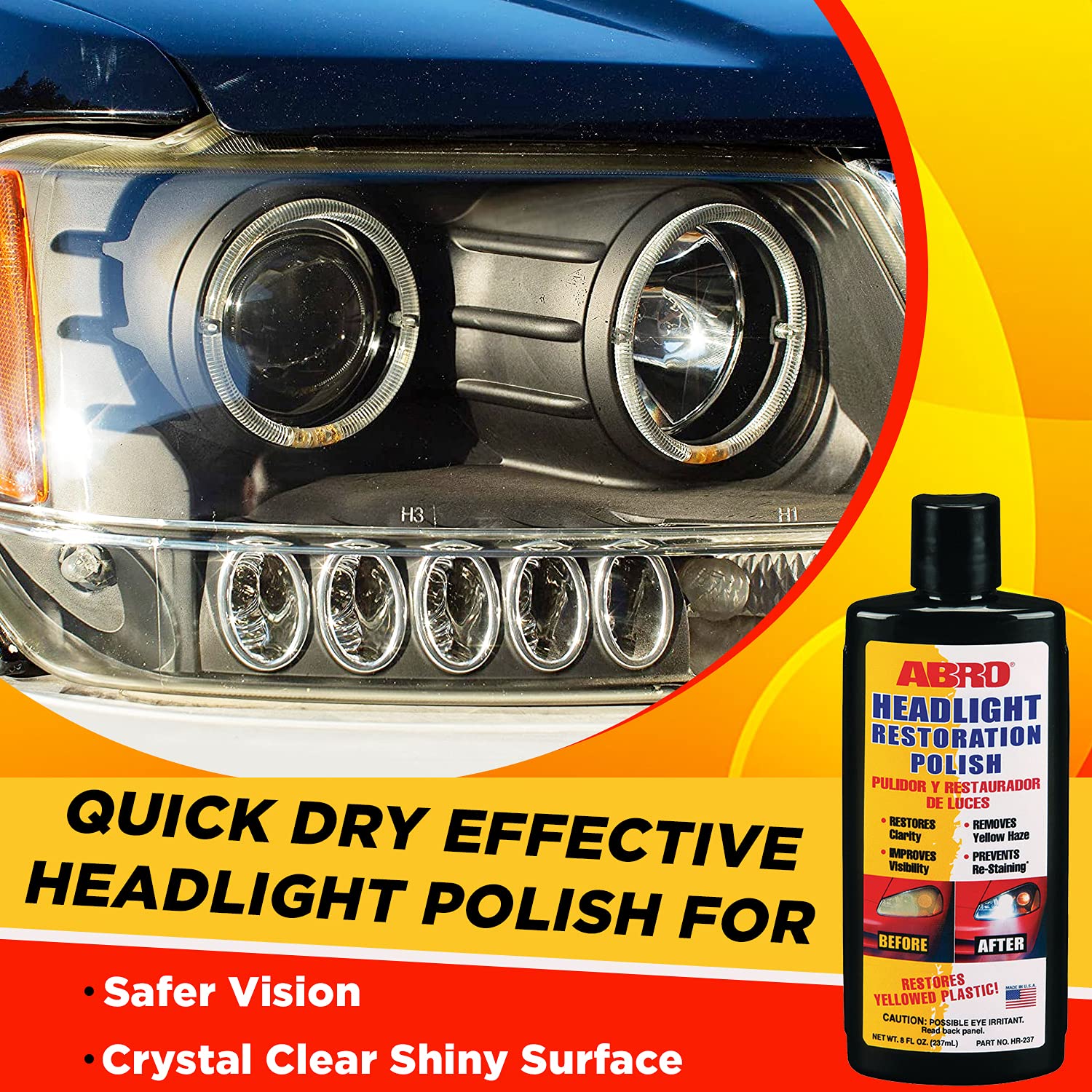 ABRO Headlight Restoration Polish, Crystal-Clear Brilliance, 8oz., Enhanced Visibility & Yellow Haze Elimination for Headlights and Taillights