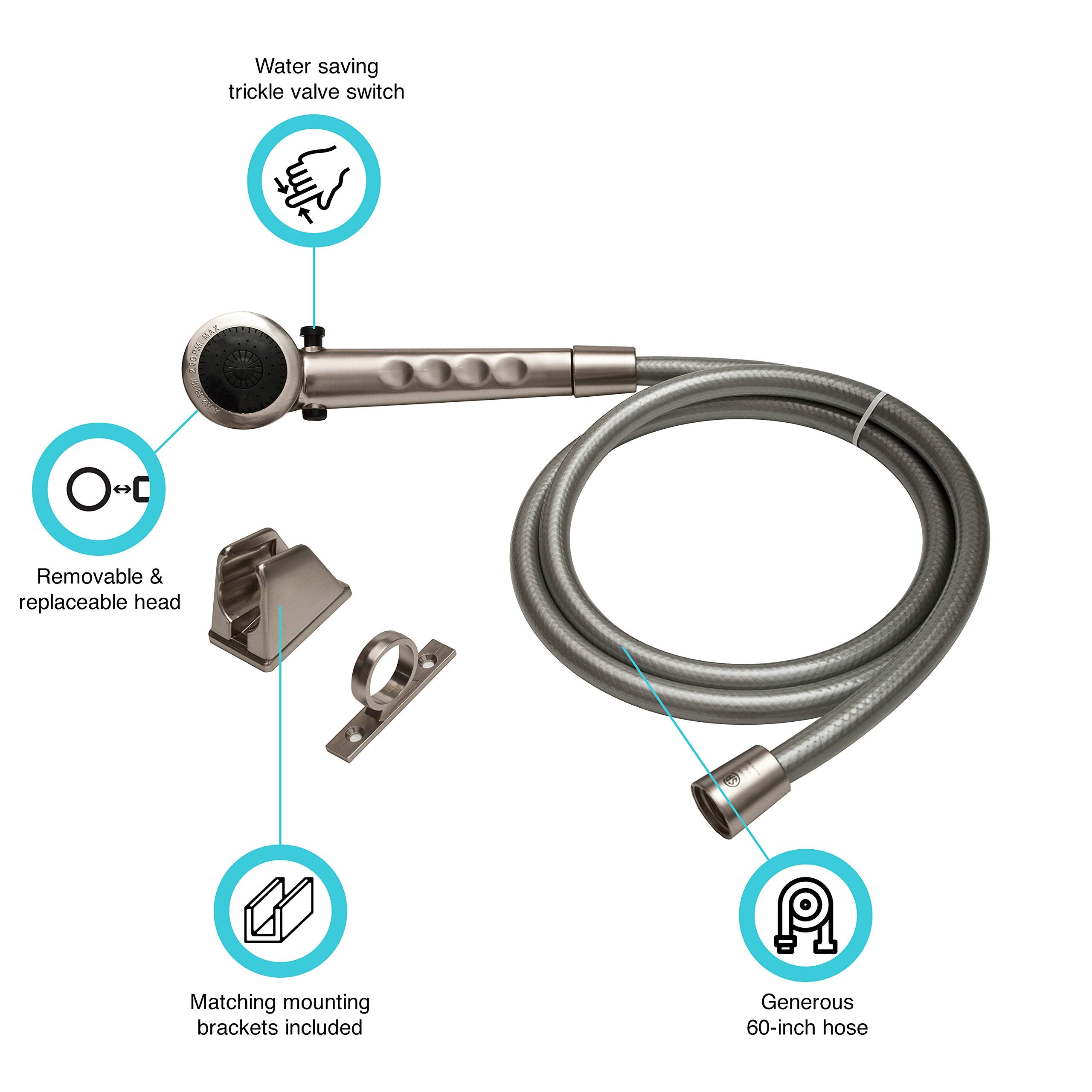 Dura Faucet Economical DF-SA130-SN Shower Head Hose Kit, Handheld Replacement RV Shower Wand, Universal Water Saving System, Flow Control Trickle Switch (Brushed Satin Nickel)