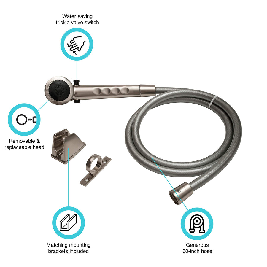 Dura Faucet Economical DF-SA130-SN Shower Head Hose Kit, Handheld Replacement RV Shower Wand, Universal Water Saving System, Flow Control Trickle Switch (Brushed Satin Nickel)