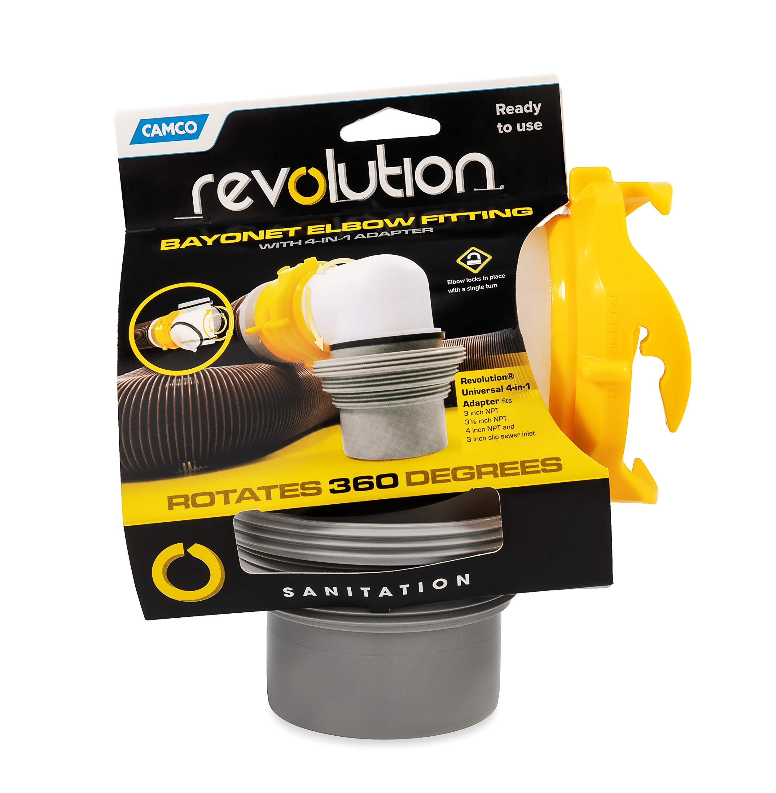 Camco RV Sewer Hose Bayonet Elbow Revolution | Features a Built-In Gasket for an Odor-Tight Connection, a 360-Degree Swivel for Easy Install, and Includes a 4-in-1 Adapter (39471)