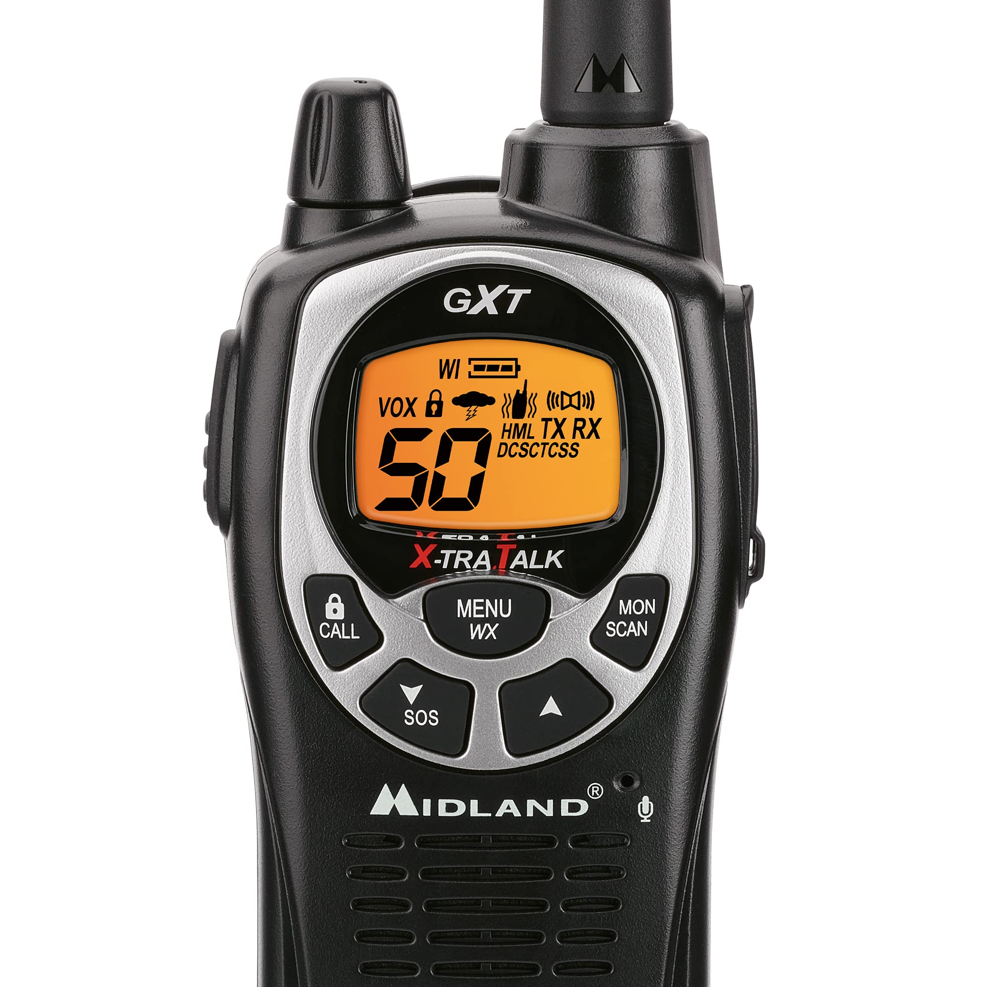 Midland Two-Way Radio 50 Channel GMRS - Long Range Walkie Talkie with 142 Privacy Codes, SOS Siren, and NOAA Weather Alerts and Weather Scan (Black/Silver, Pair Pack)