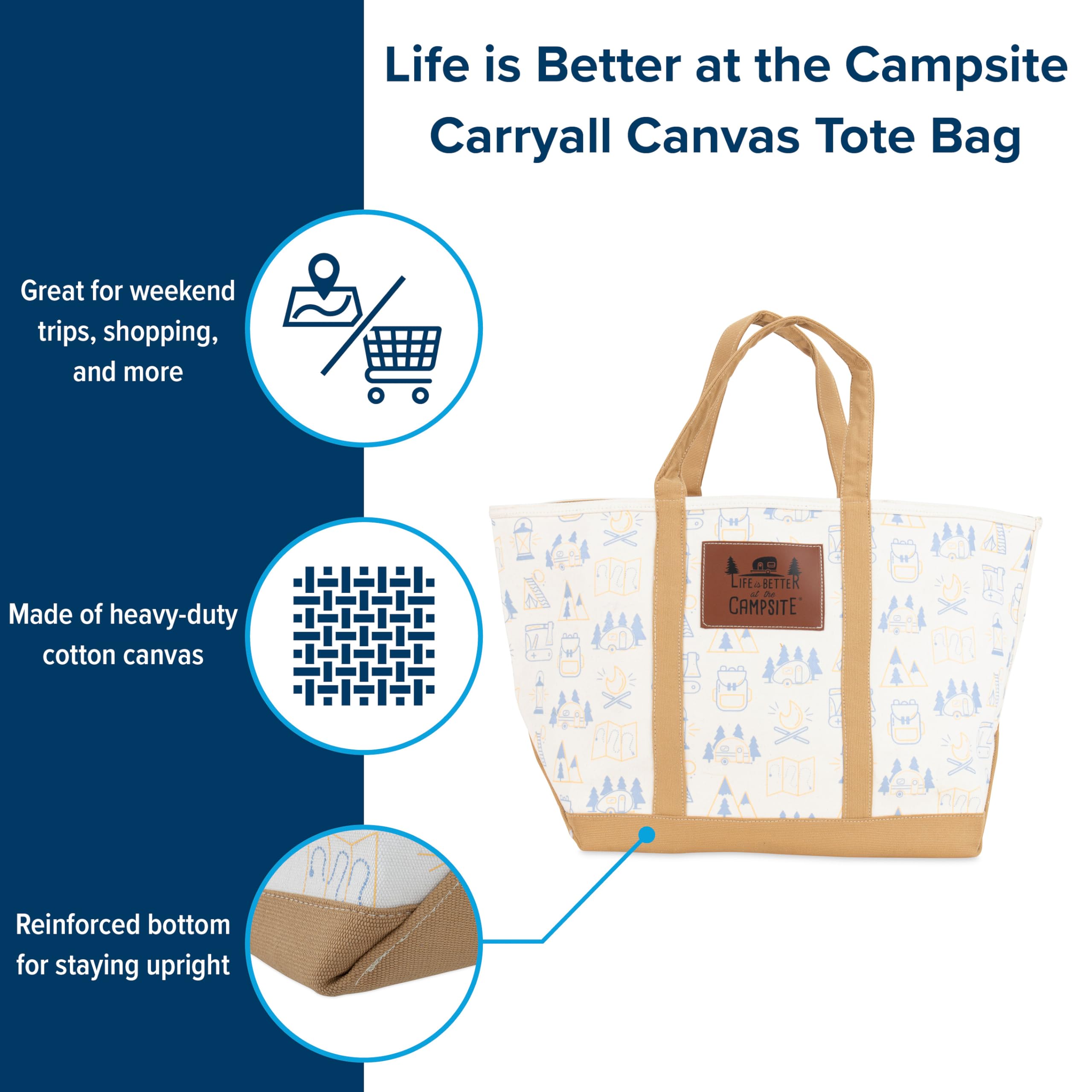 Camco Canvas Tote Bag Life is Better at the Campsite | Features a Heavy-Duty Cotton Canvas Design with Reinforced Base, a Unique RV-Themed Adventure Print, and a Zippered Top Closure | X-Large (53128)