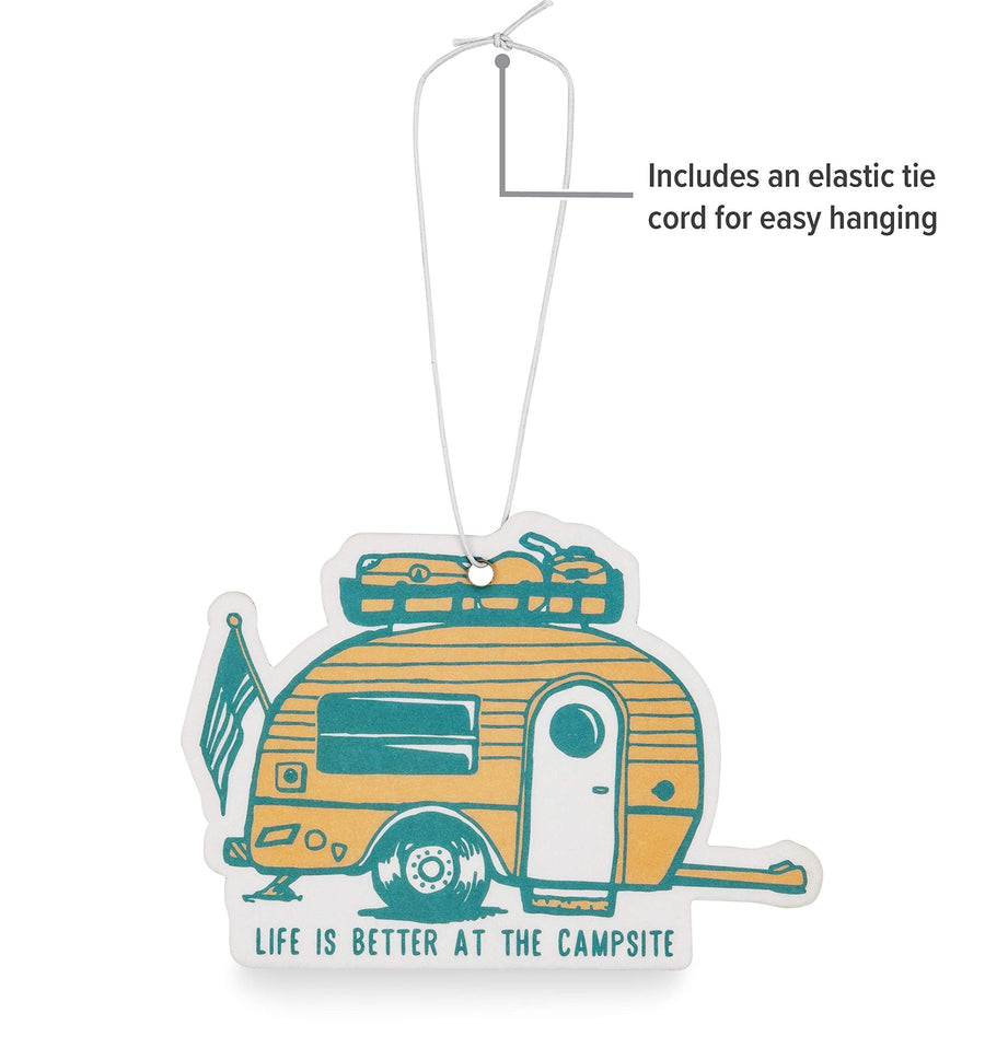 Camco Air Freshener Life is Better at The Campsite - Features Along the Shore Fragrance & Elastic Cord - Use in the Car or RV & Camper - Features Retro RV Design (53363)