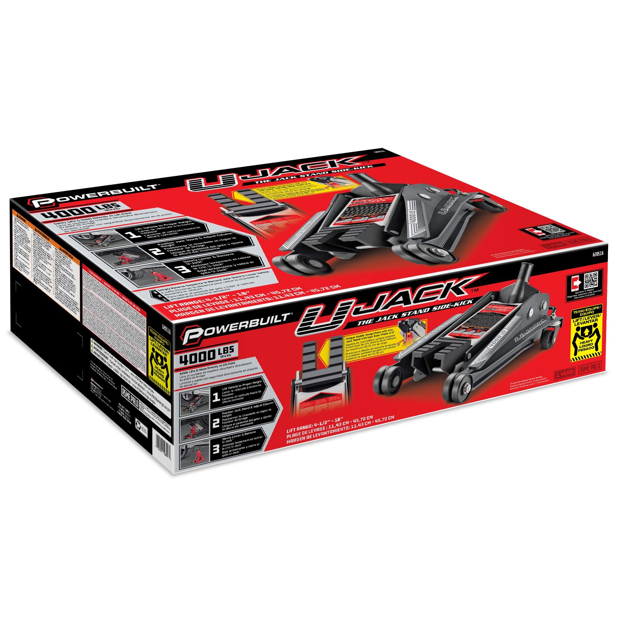 2 Ton Powerbuilt U-Jack Garage Jack, 3000 LBS Loading Capacity, Lift Range: 4-1/2-Inch to 18-3/4-Inch, Unique Saddle for sliding jackstand into - 620516