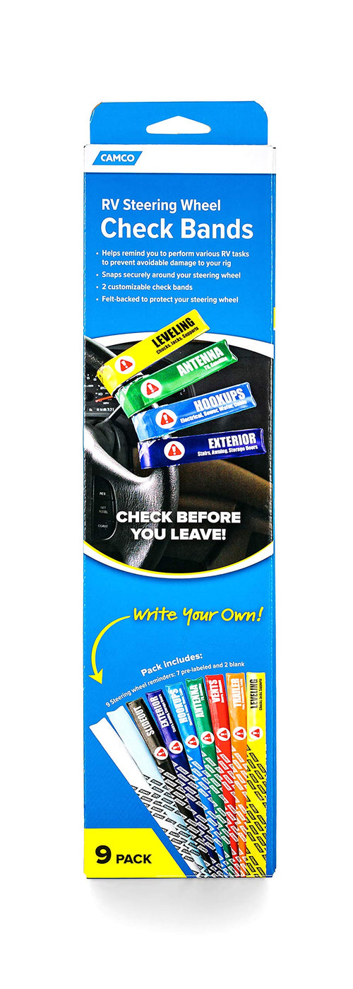Camco RV Check Bands Steering Wheel - Pre-Labeled and Customizable Important Task Reminders to Place on Your RV Steering Wheel So You Won't Forget |Excellent for Camping and Traveling - (53098)