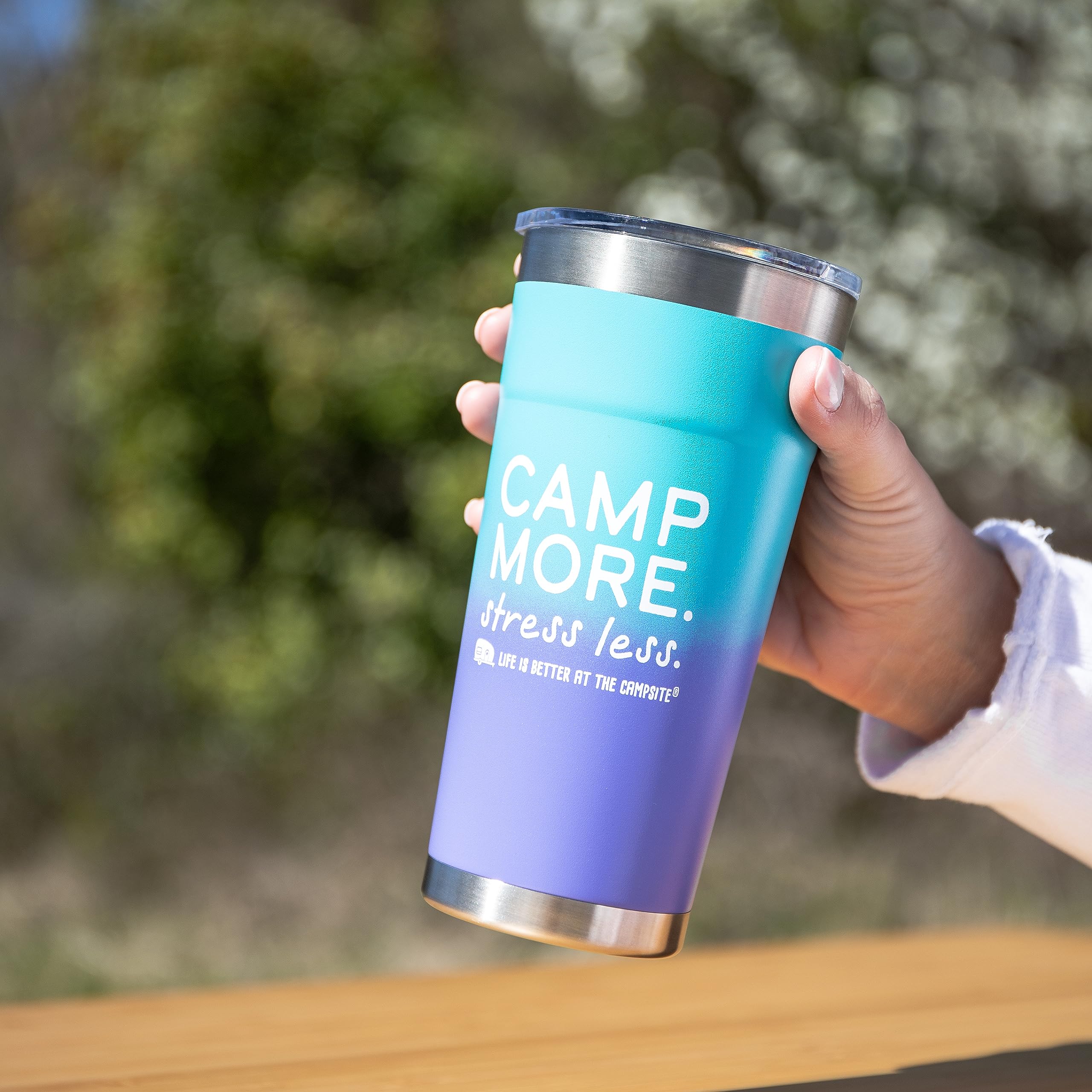 Camco Painted Stainless Steel Tumbler is Better at The Campsite Life - Features Double Wall Vacuum Insulation for Heat/Ice Retention & Unique Camp More, Stress Less Design - Holds 20 oz. (53317)