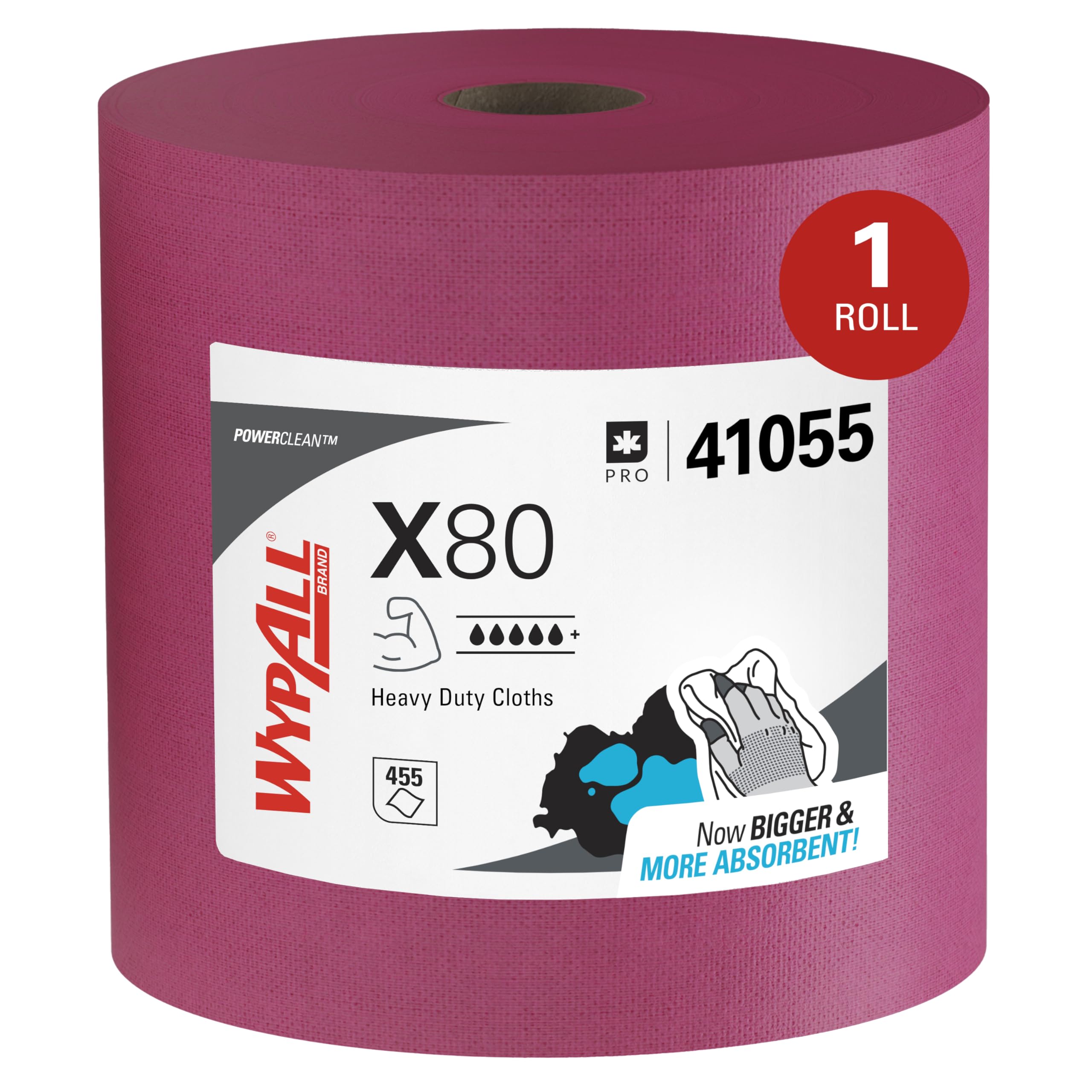 WypAll X80 PowerClean Cloths Heavy Duty Wipes (41055), Jumbo, Extended Use Towels, Red (1 Roll of 455 Sheets, 455 Sheet Total)