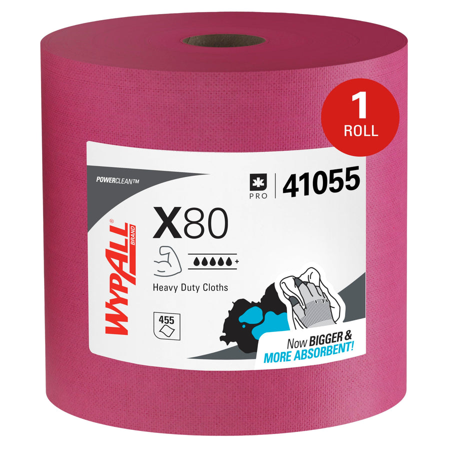 WypAll X80 PowerClean Cloths Heavy Duty Wipes (41055), Jumbo, Extended Use Towels, Red (1 Roll of 455 Sheets, 455 Sheet Total)
